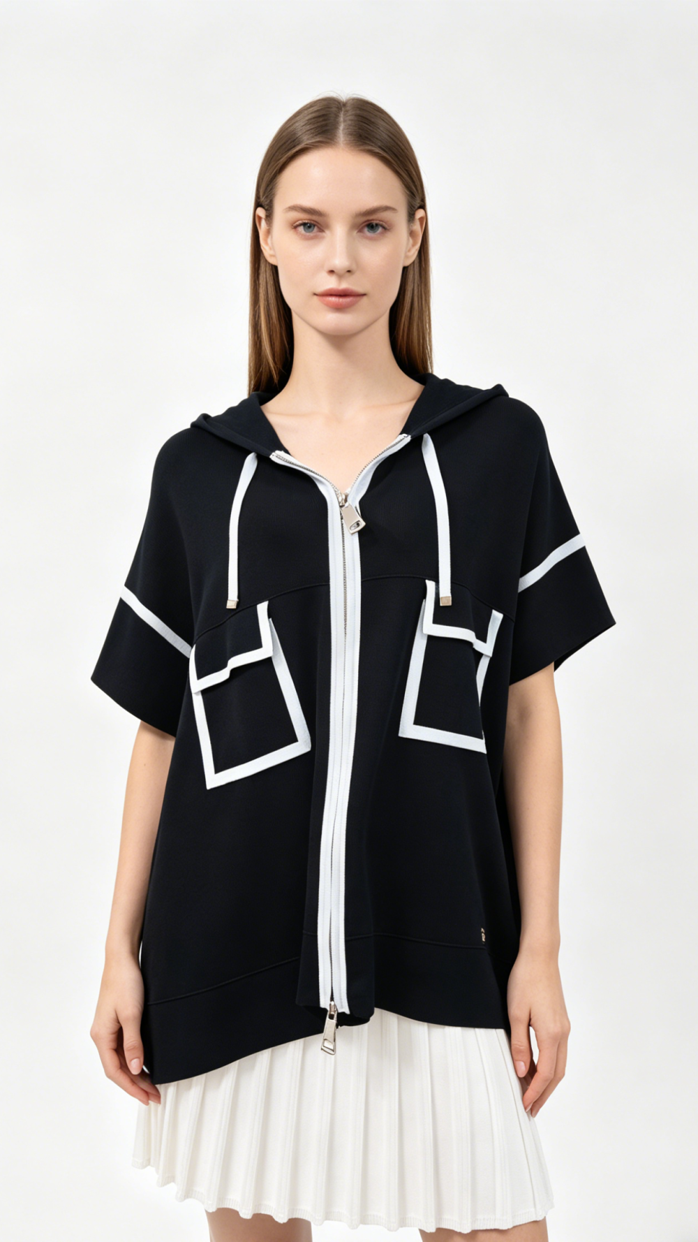 Navy White Contrast Trim Hooded Zip Up Knit Poncho