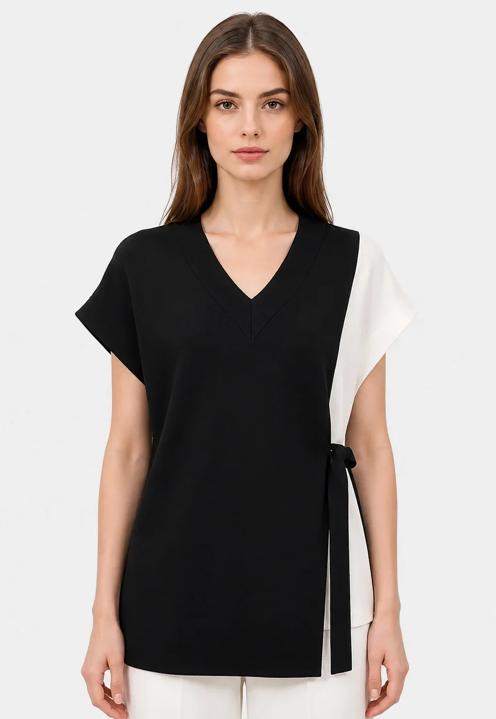 Black White Colorblock V-Neck Belted Knit Top
