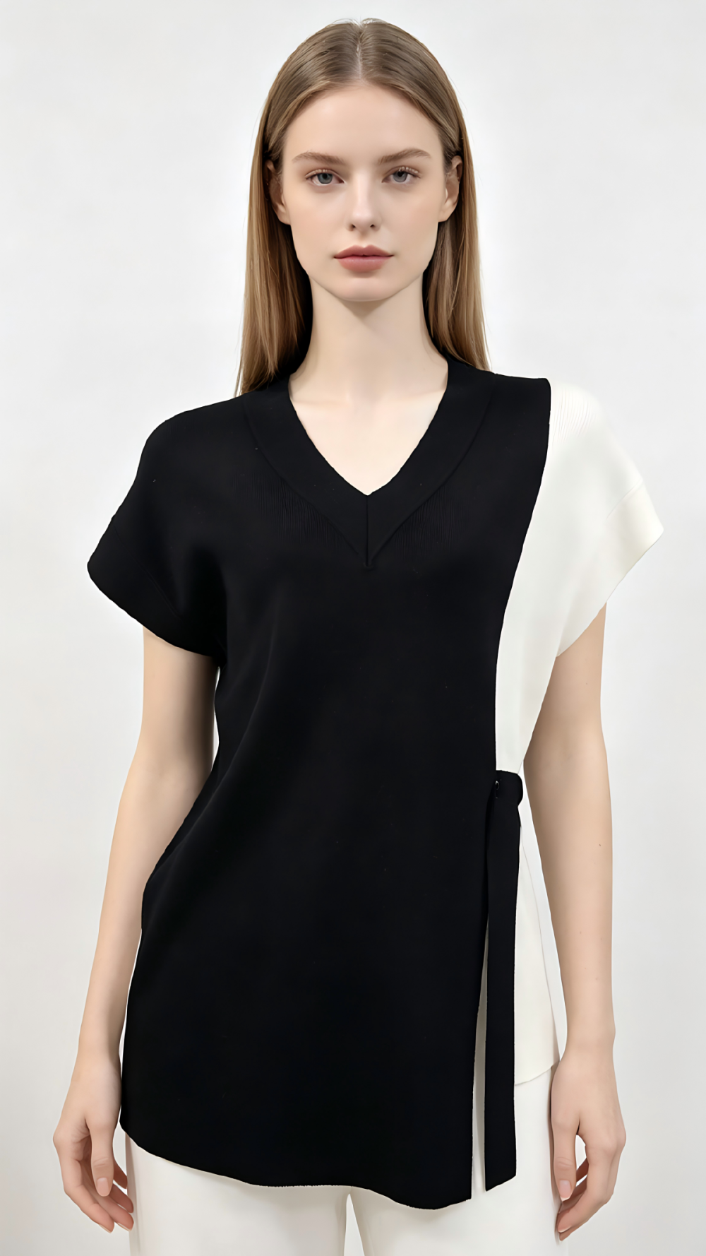 Black White Colorblock V-Neck Belted Knit Top