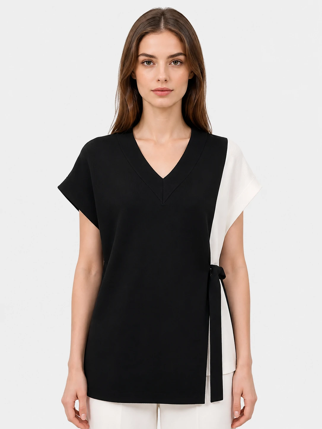 Black White Colorblock V-Neck Belted Knit Top 1 Black White Colorblock V-Neck Belted Knit Top