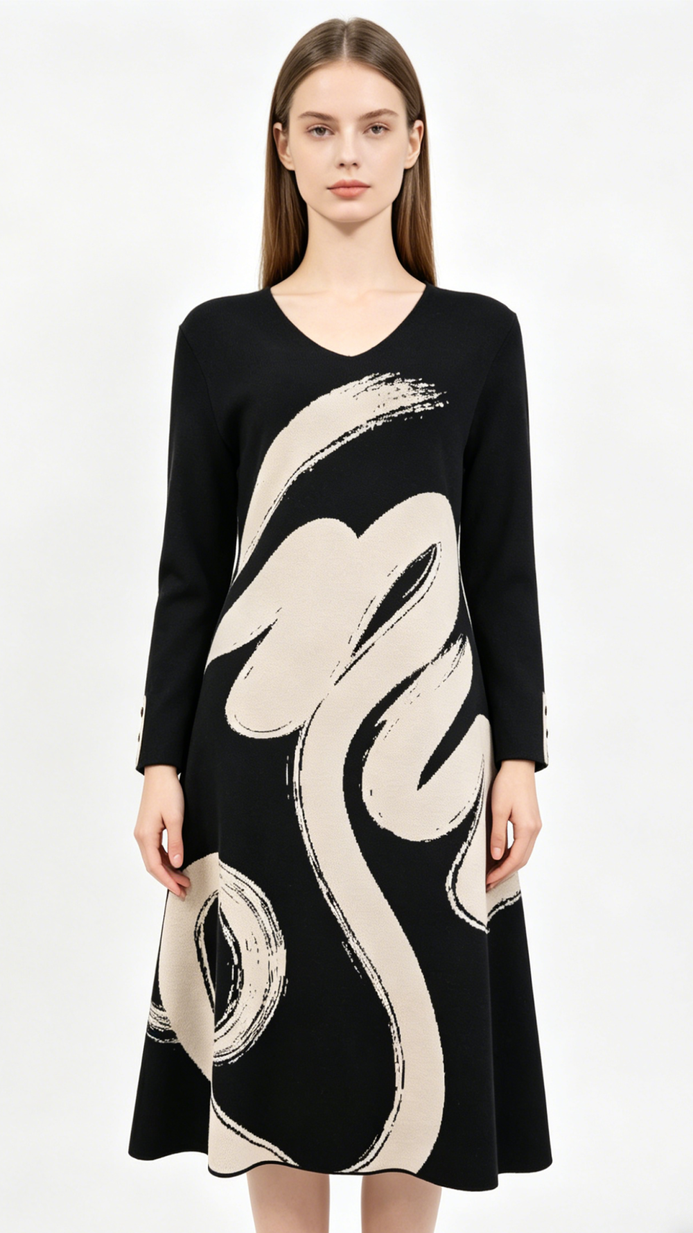 Black Beige Brush Stroke Print V-Neck Knit Midi Dress