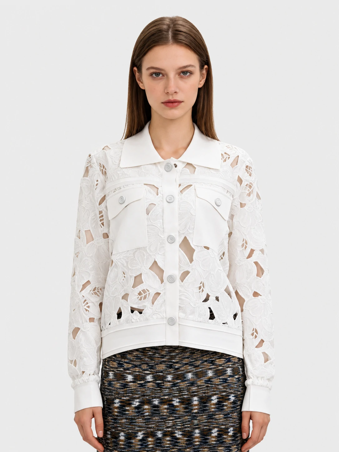 Lace Cutwork Contrast Panel Jacket 1 Lace Cutwork Contrast Panel Jacket