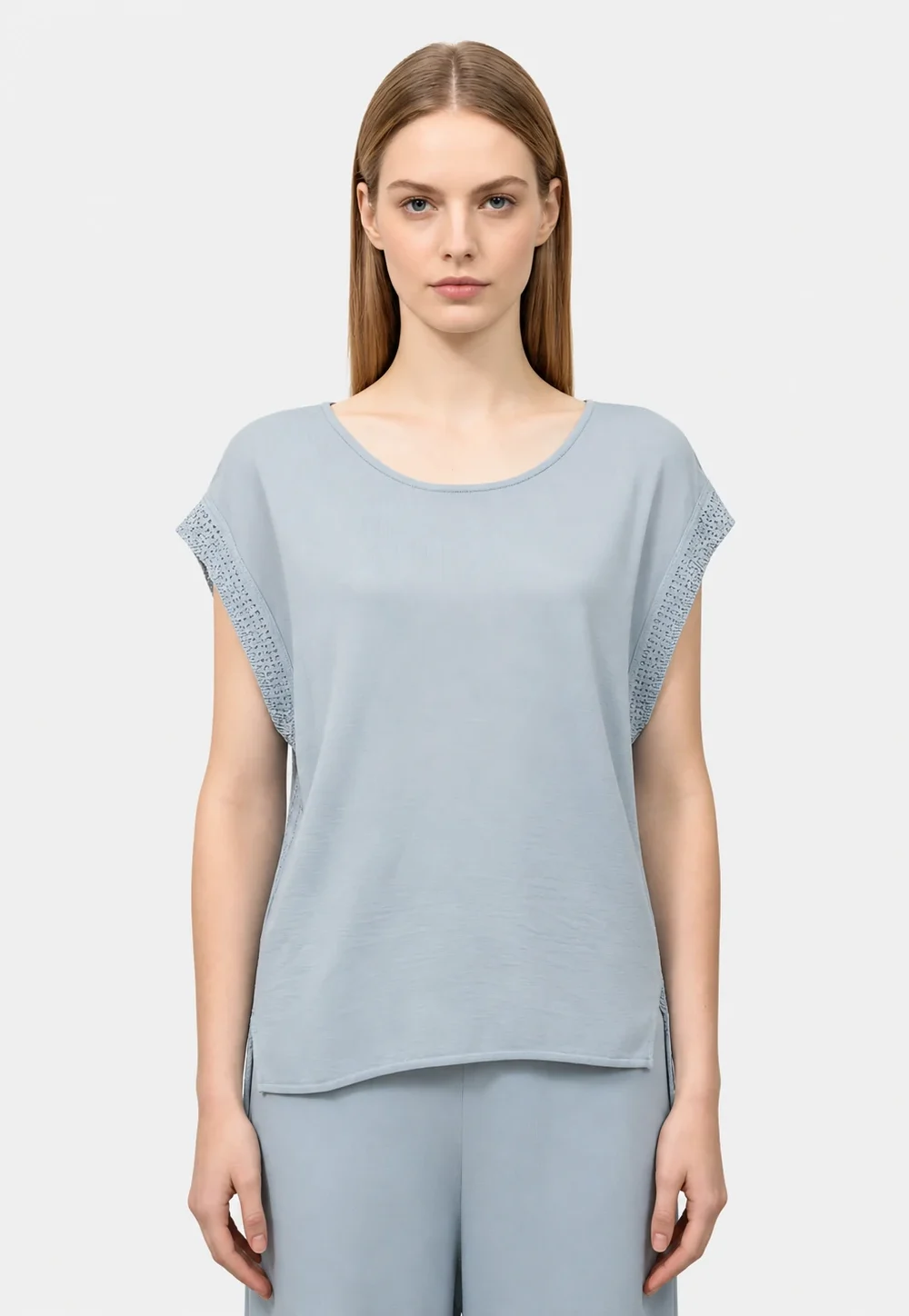 Light Blue Crochet Sleeve Round Neck Knit Top