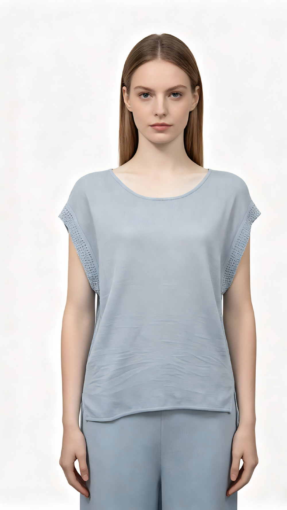 Light Blue Crochet Sleeve Round Neck Knit Top