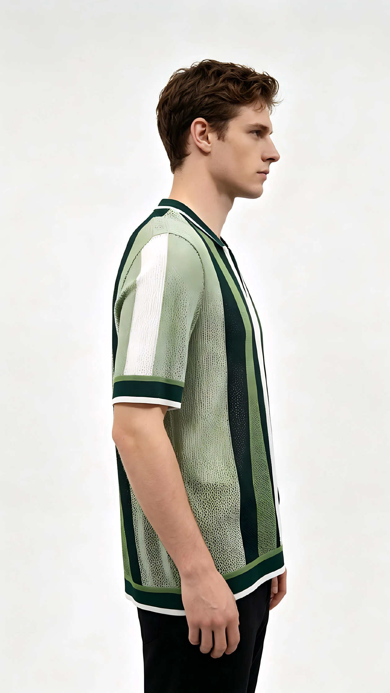 Green Stripe Open-Knit Cuban Collar Shirt 3 Green Stripe Open-Knit Cuban Collar Shirt - Image 3