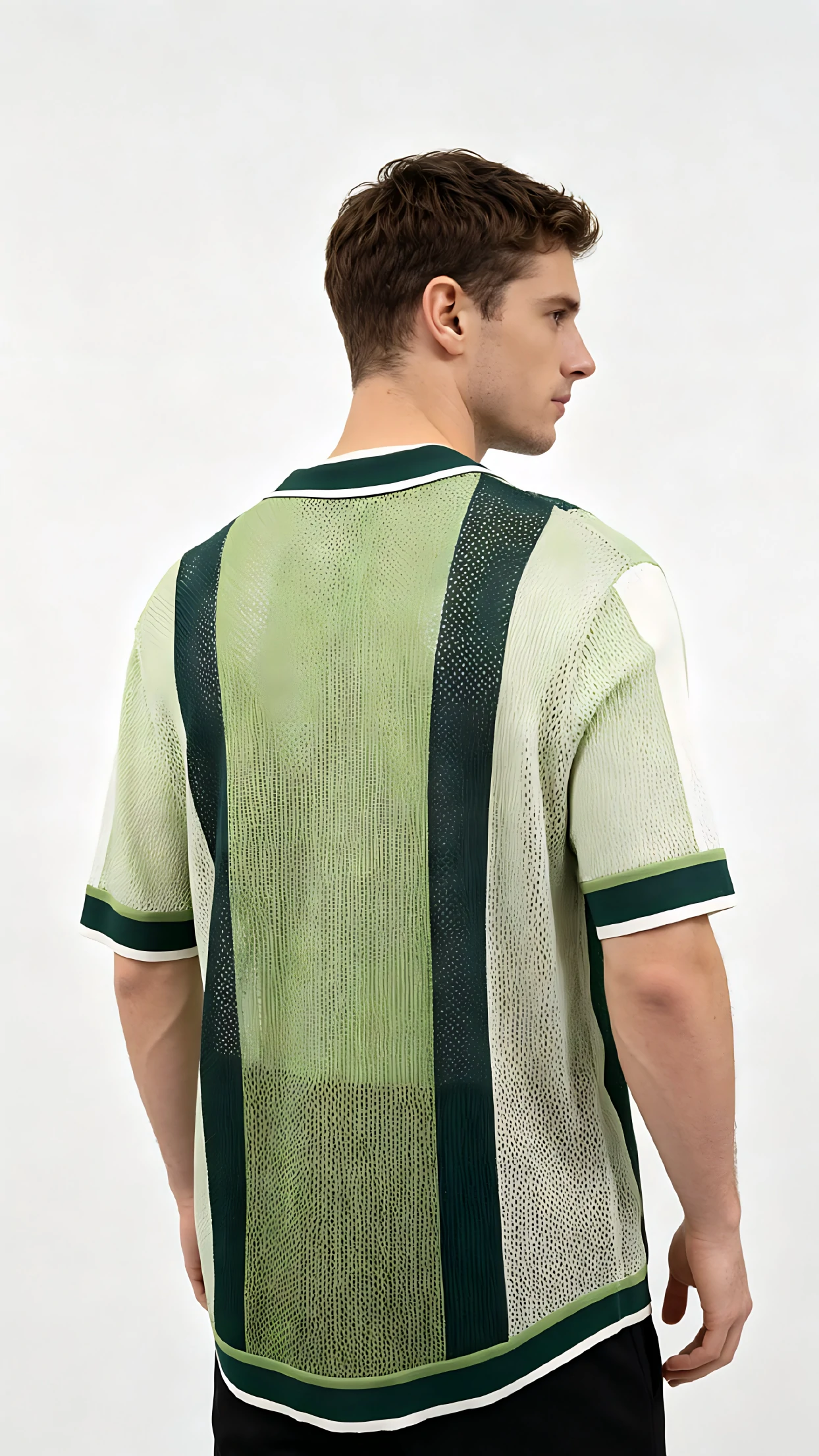 Green Stripe Open-Knit Cuban Collar Shirt 2 Green Stripe Open-Knit Cuban Collar Shirt - Image 2