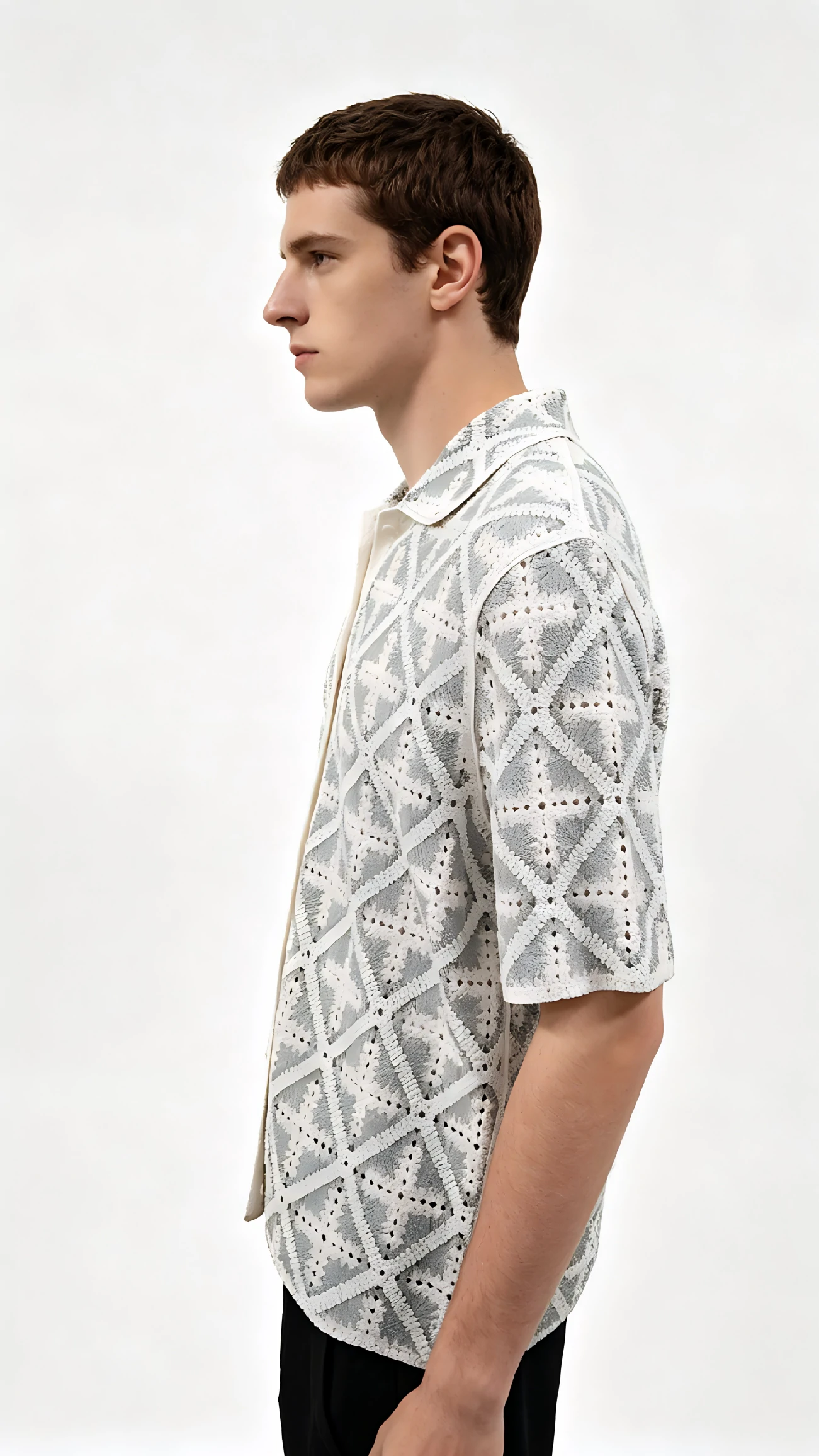 Grey-White Diamond Crochet Camp Shirt 2 Grey-White Diamond Crochet Camp Shirt - Image 2
