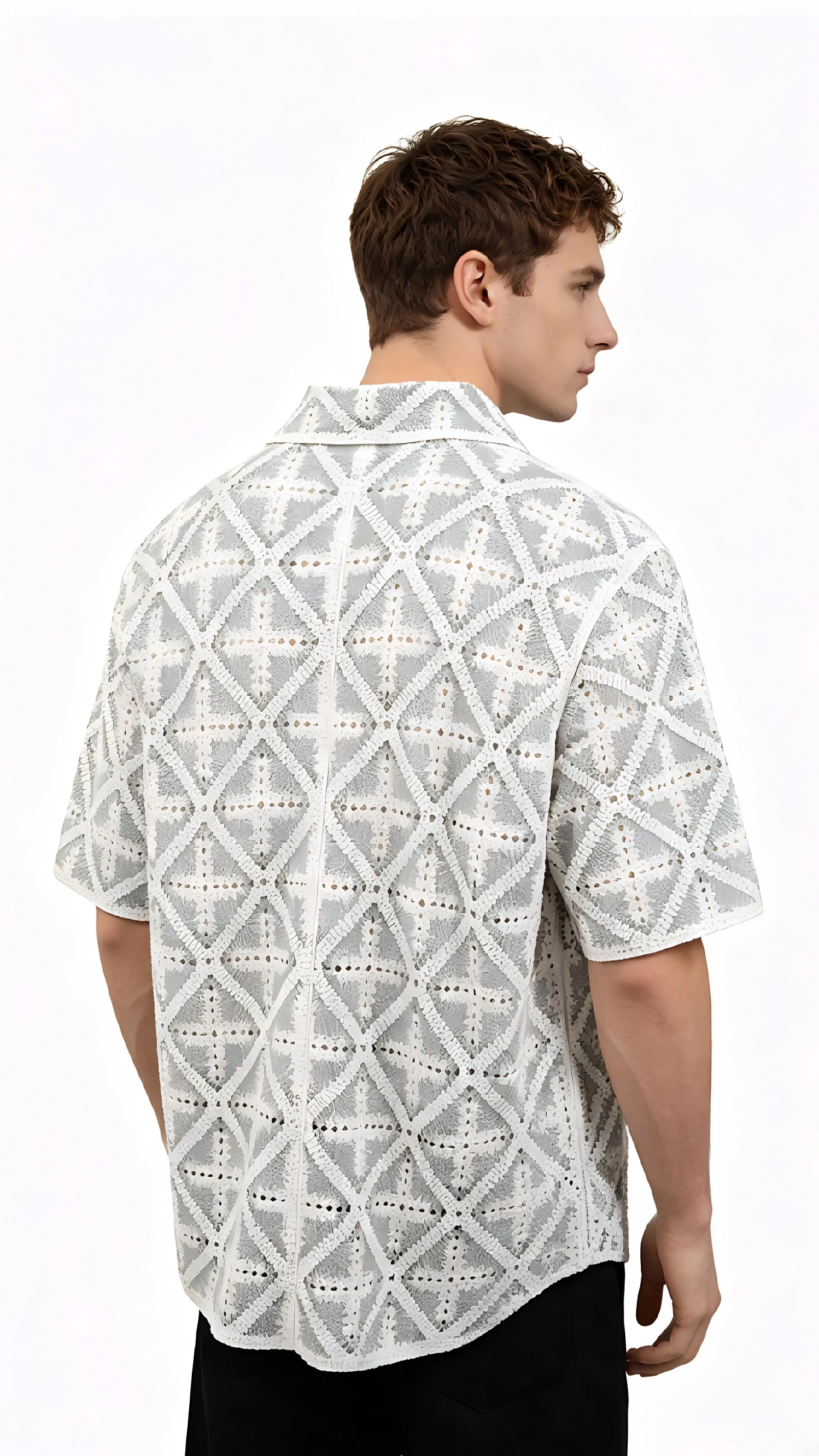 Grey-White Diamond Crochet Camp Shirt 3 Grey-White Diamond Crochet Camp Shirt - Image 3