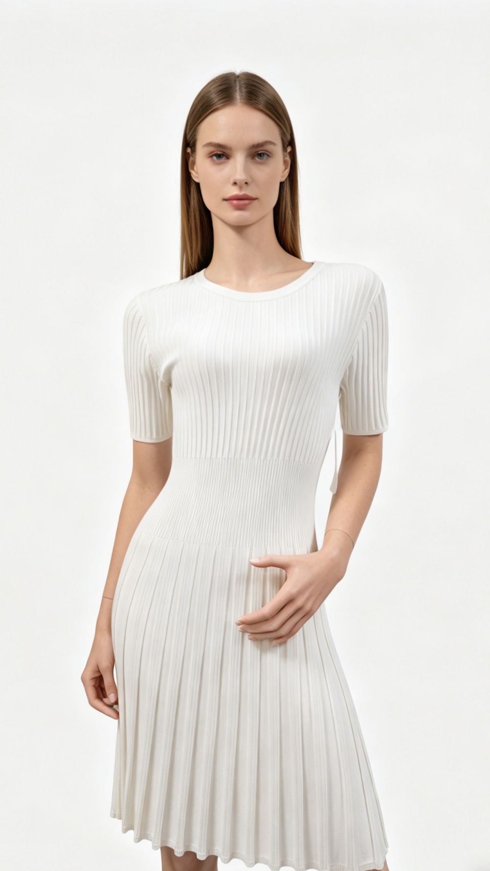 White Ribbed Fitted Short Sleeve Knit Midi Dress