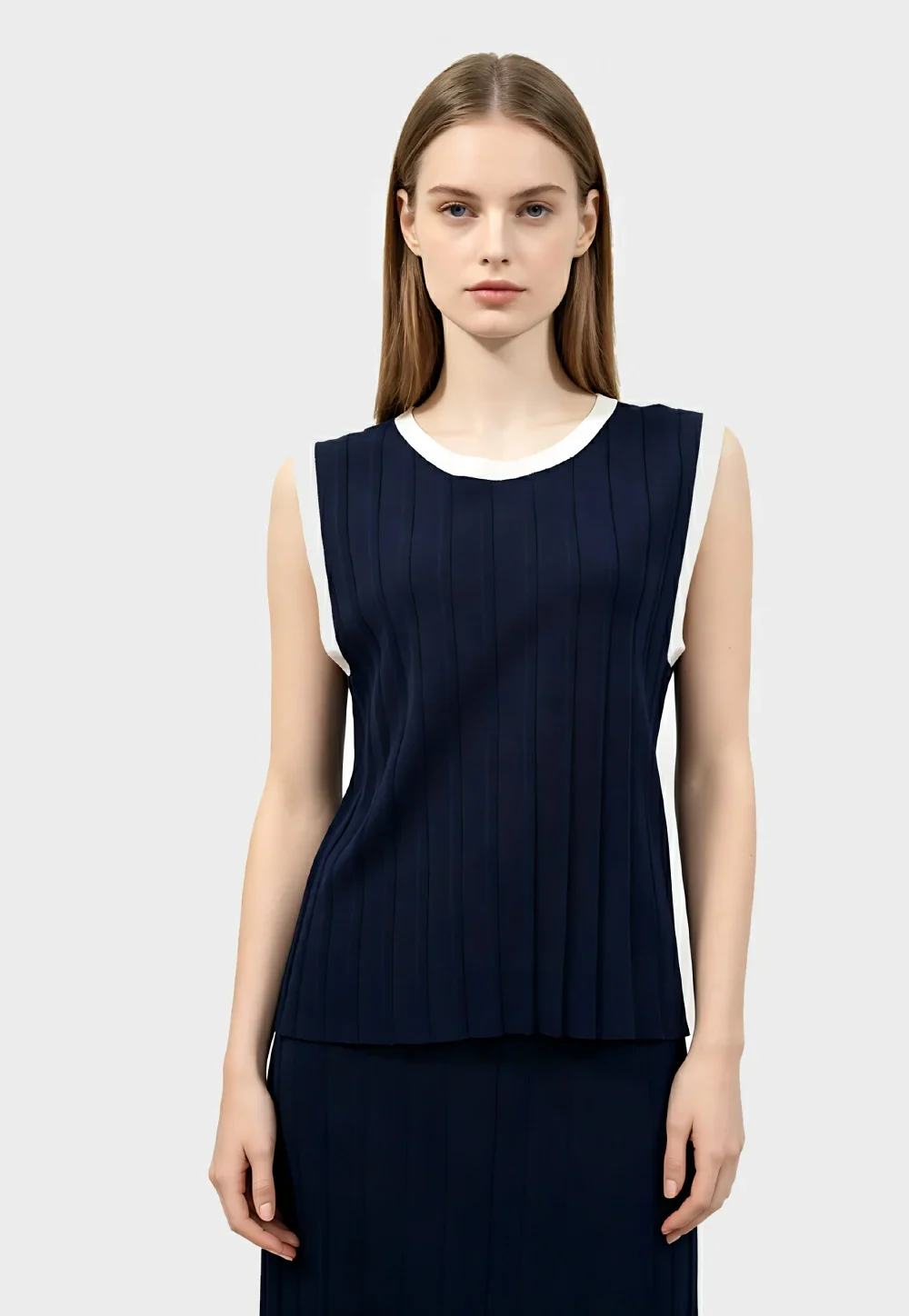 Navy Blue White Trim Ribbed Sleeveless Knit Top
