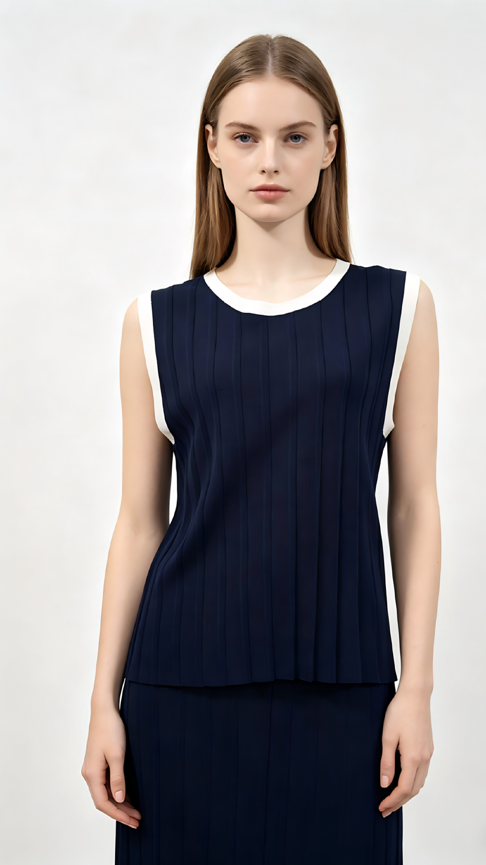 Navy Blue White Trim Ribbed Sleeveless Knit Top
