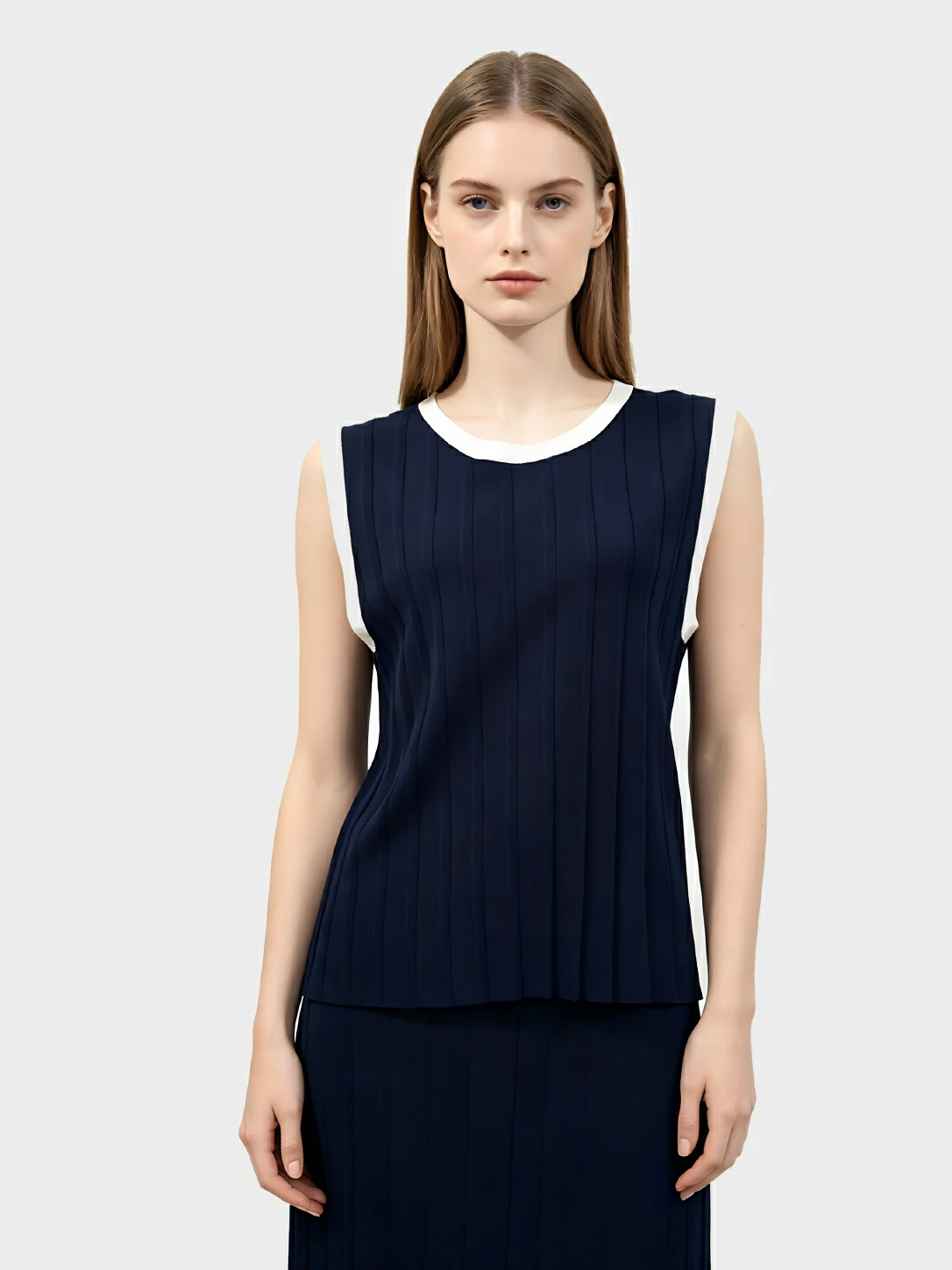 Navy Blue White Trim Ribbed Sleeveless Knit Top 1 Navy Blue White Trim Ribbed Sleeveless Knit Top