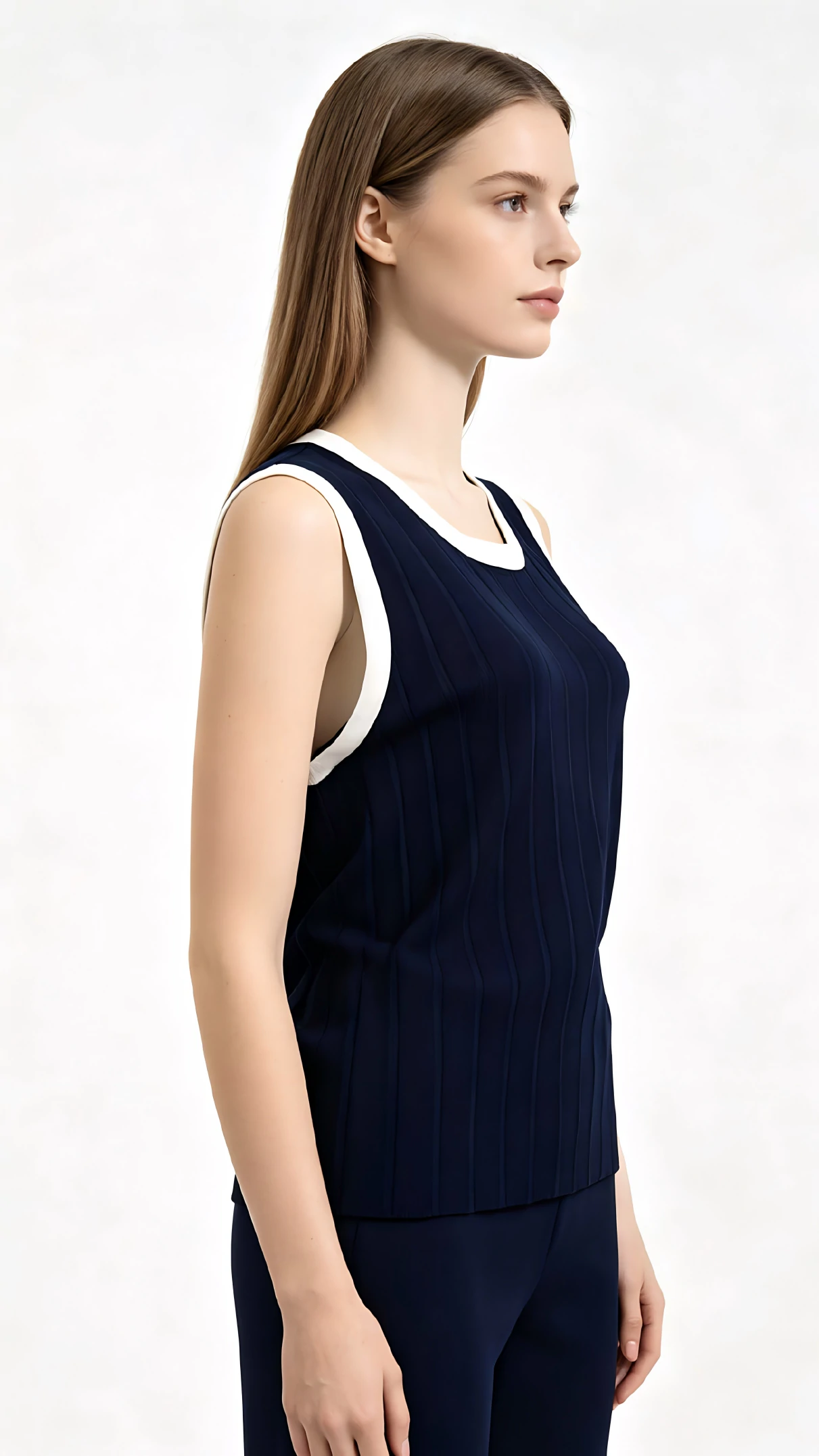 Navy Blue White Trim Ribbed Sleeveless Knit Top 3 Navy Blue White Trim Ribbed Sleeveless Knit Top - Image 3