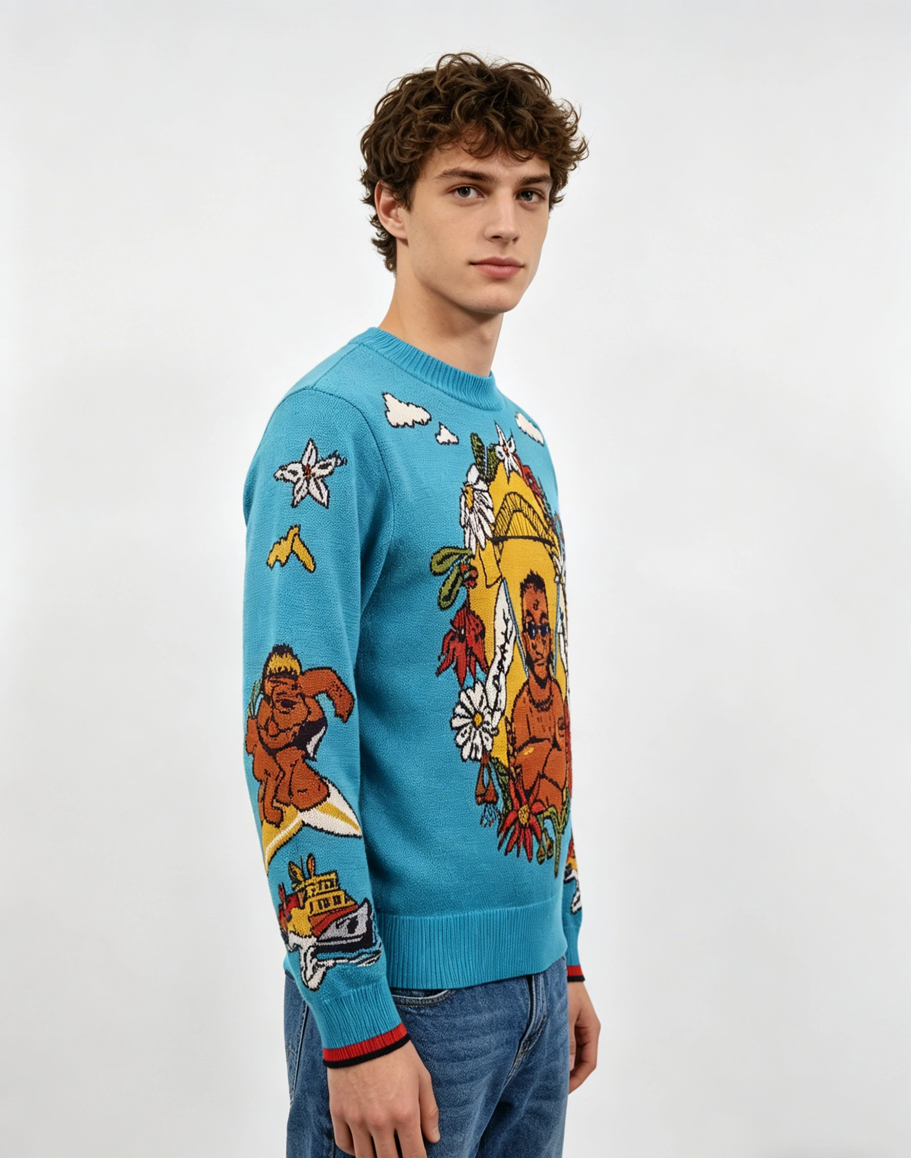 Man's Blue Hawaiian Surfer Portrait Knit Sweater 2 Man's Blue Hawaiian Surfer Portrait Knit Sweater - Image 2