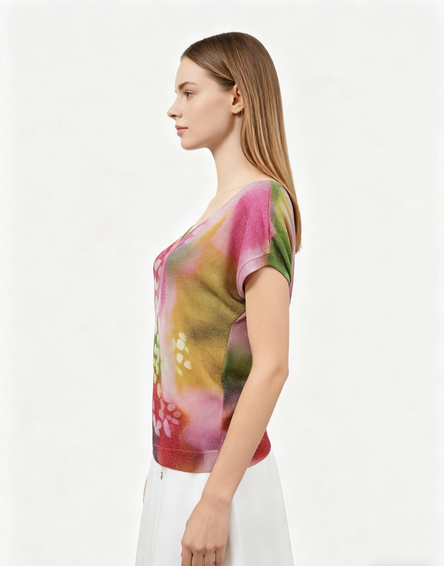 Multicolor Lurex Print V-Neck Batwing Sleeve Top 2 Multicolor Lurex Print V-Neck Batwing Sleeve Top - Image 2
