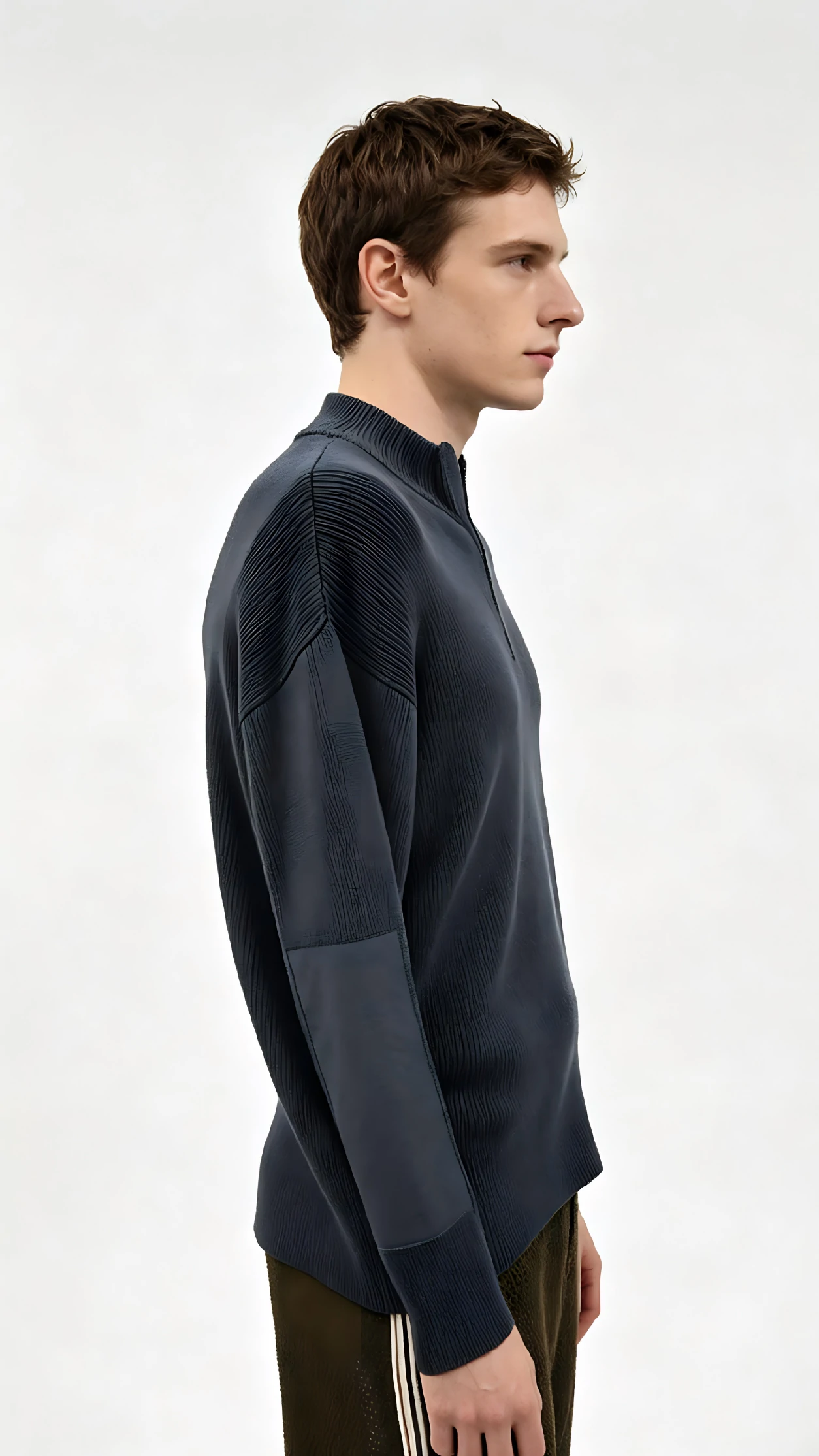 Navy Pleated Stand Collar Zip Jacket 3 Navy Pleated Stand Collar Zip Jacket - Image 3