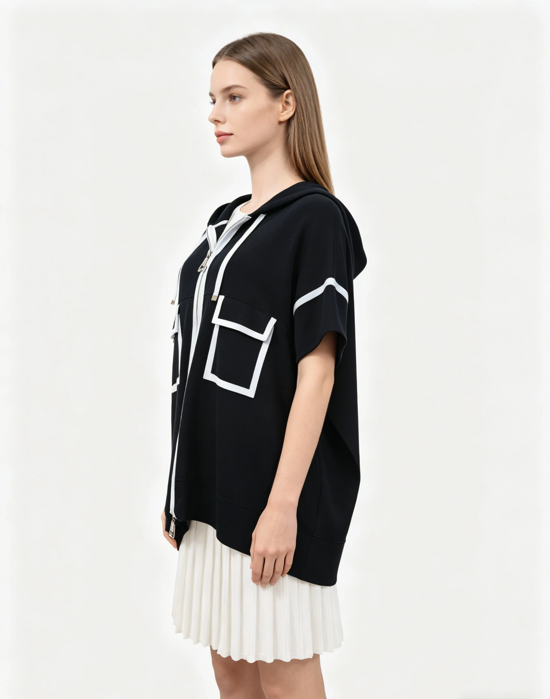 Navy White Contrast Trim Hooded Zip Up Knit Poncho 3 Navy White Contrast Trim Hooded Zip Up Knit Poncho - Image 3