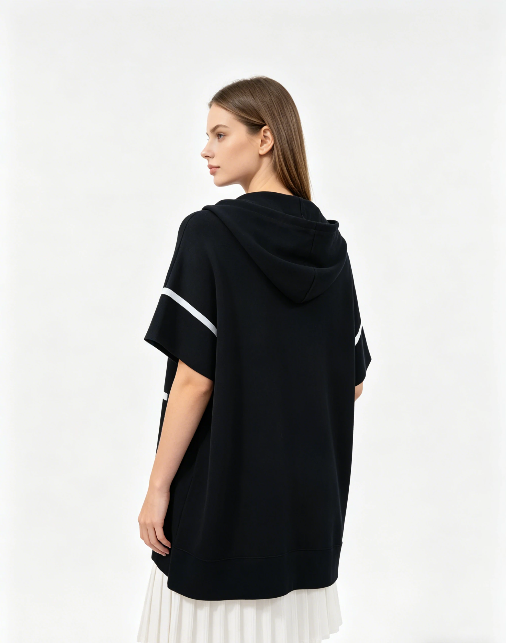 Navy White Contrast Trim Hooded Zip Up Knit Poncho 2 Navy White Contrast Trim Hooded Zip Up Knit Poncho - Image 2