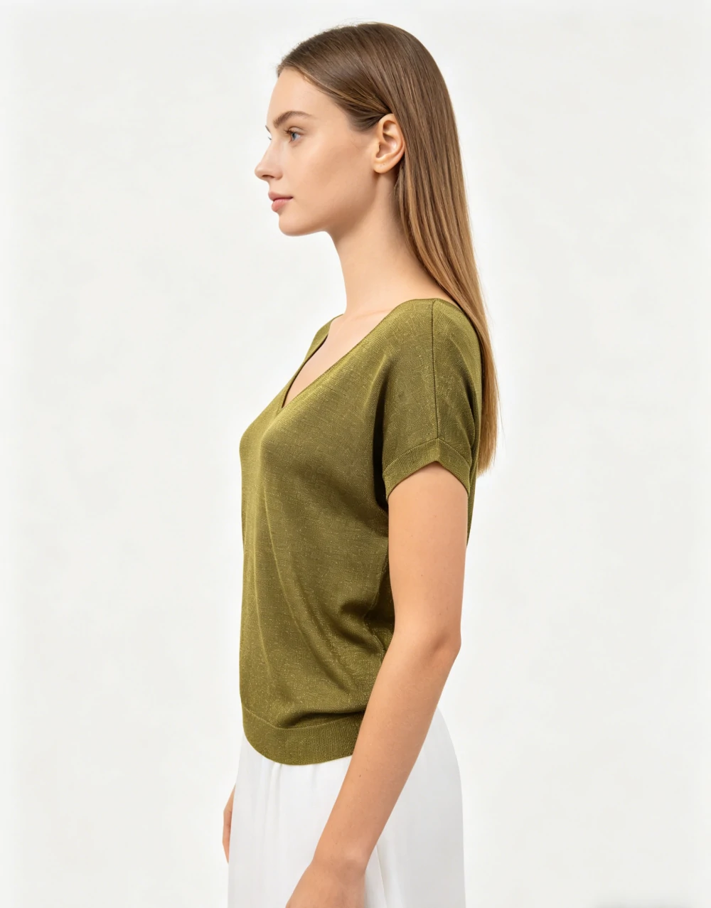 Olive Gold Lurex V-Neck Batwing Sleeve Knit Top 3 Olive Gold Lurex V-Neck Batwing Sleeve Knit Top - Image 3