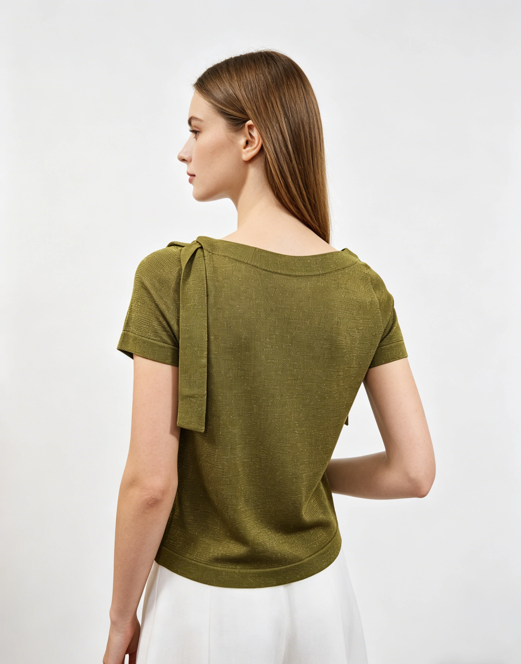 Olive Gold Shimmer Boat Neck Tie Detail Knit Top 3 Olive Gold Shimmer Boat Neck Tie Detail Knit Top - Image 3