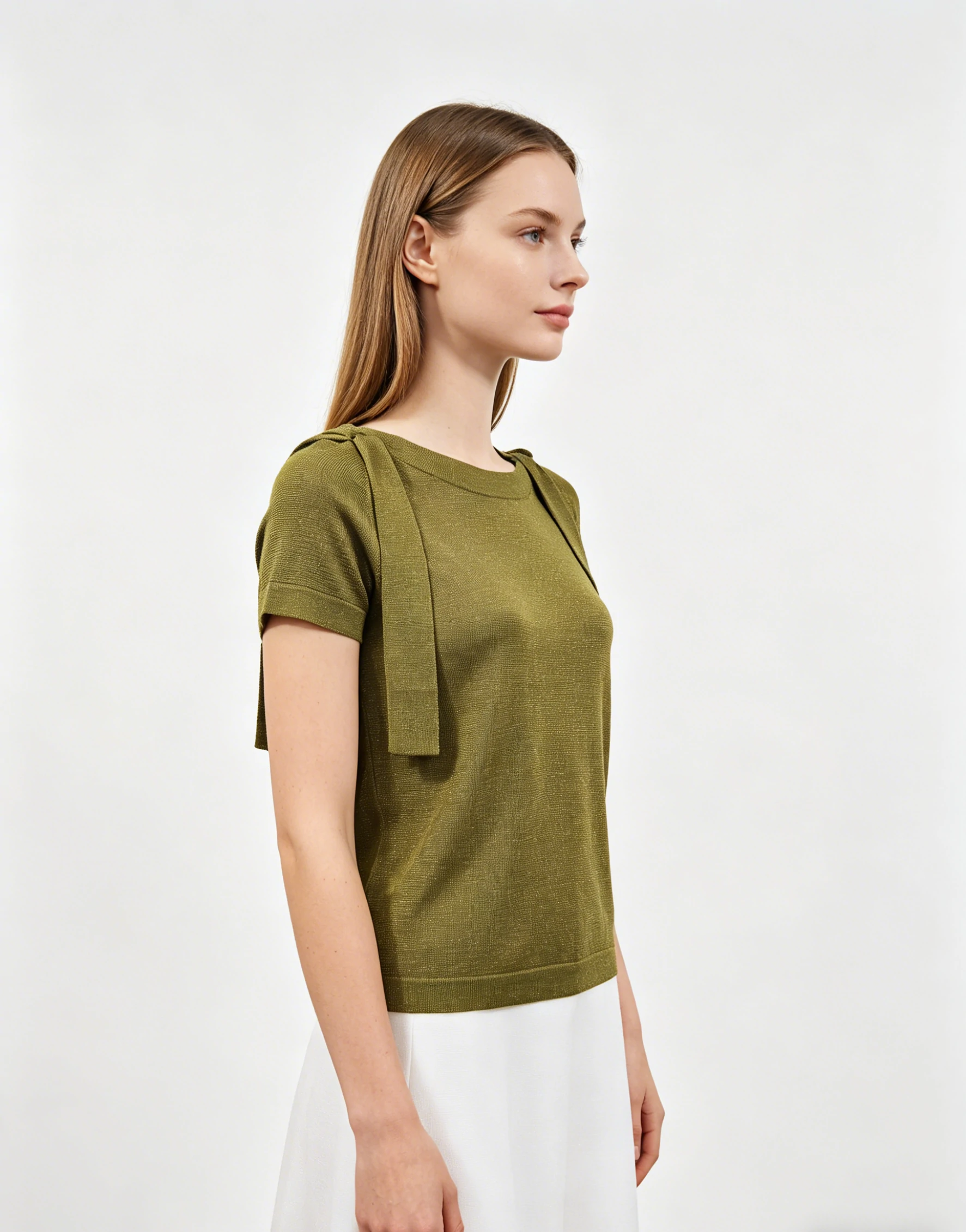 Olive Gold Shimmer Boat Neck Tie Detail Knit Top 2 Olive Gold Shimmer Boat Neck Tie Detail Knit Top - Image 2