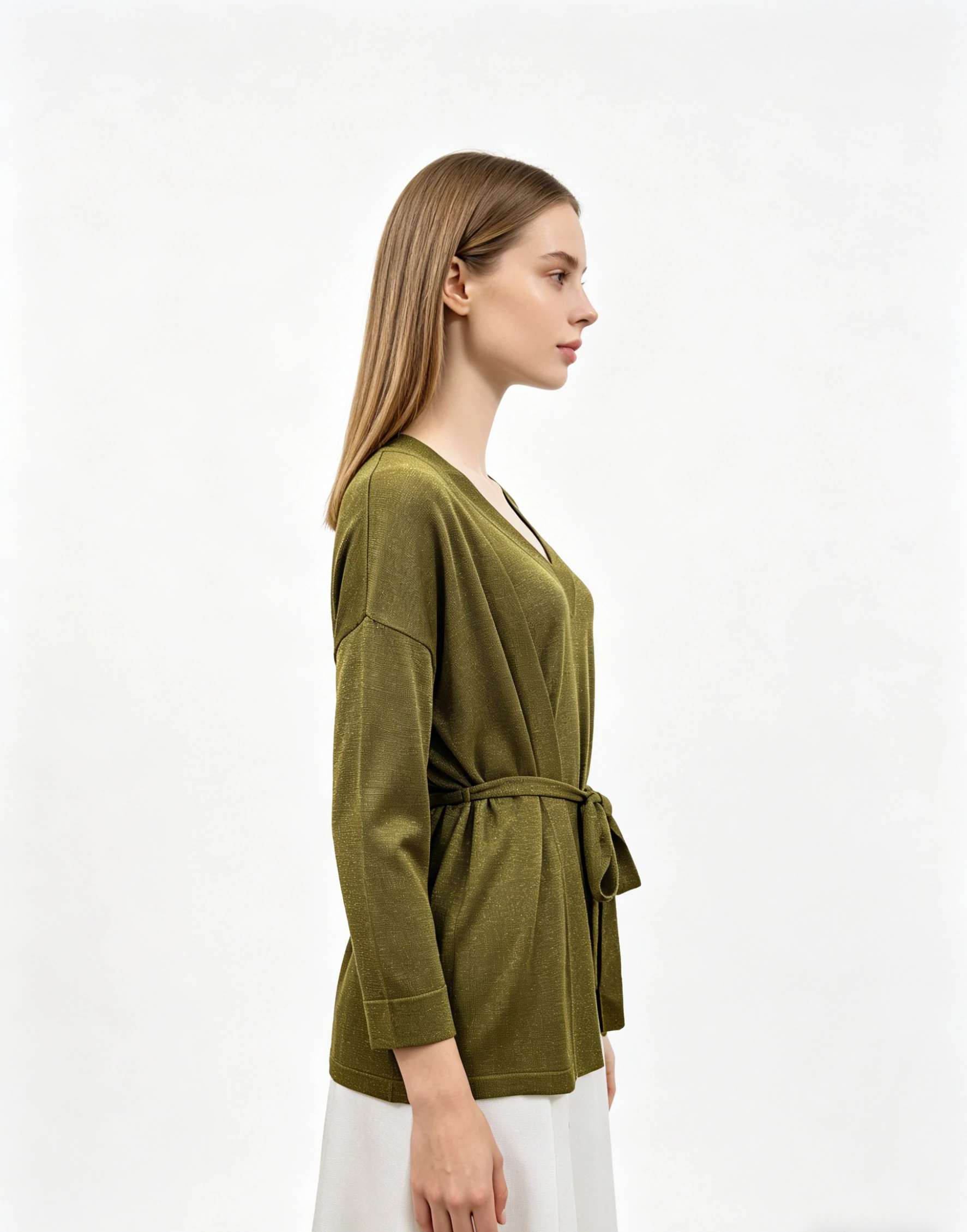 Olive Green Lurex Open Front Knit Cardigan 2 Olive Green Lurex Open Front Knit Cardigan - Image 2