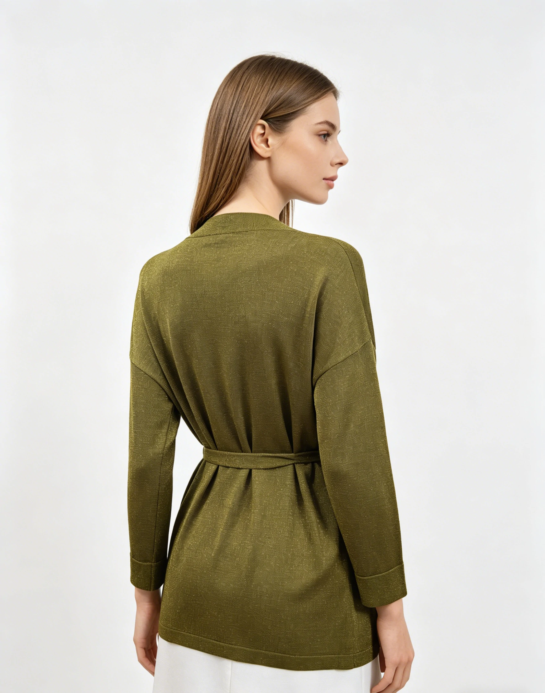 Olive Green Lurex Open Front Knit Cardigan 3 Olive Green Lurex Open Front Knit Cardigan - Image 3