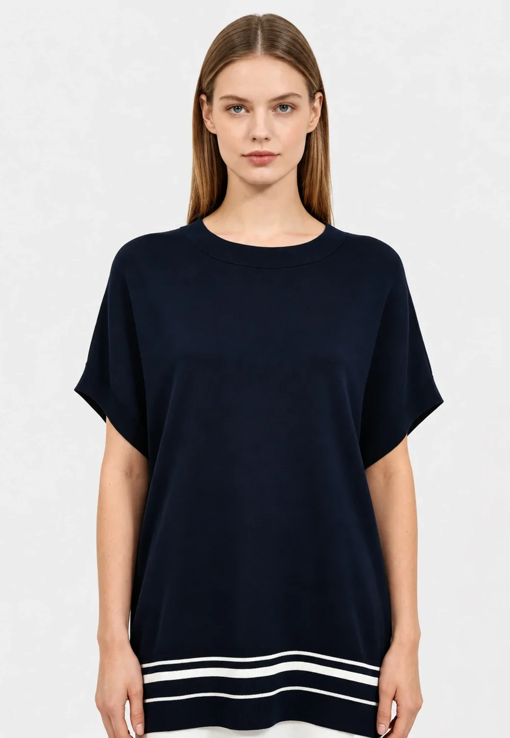 Navy Blue White Stripe Hem Crew Neck Knit Top
