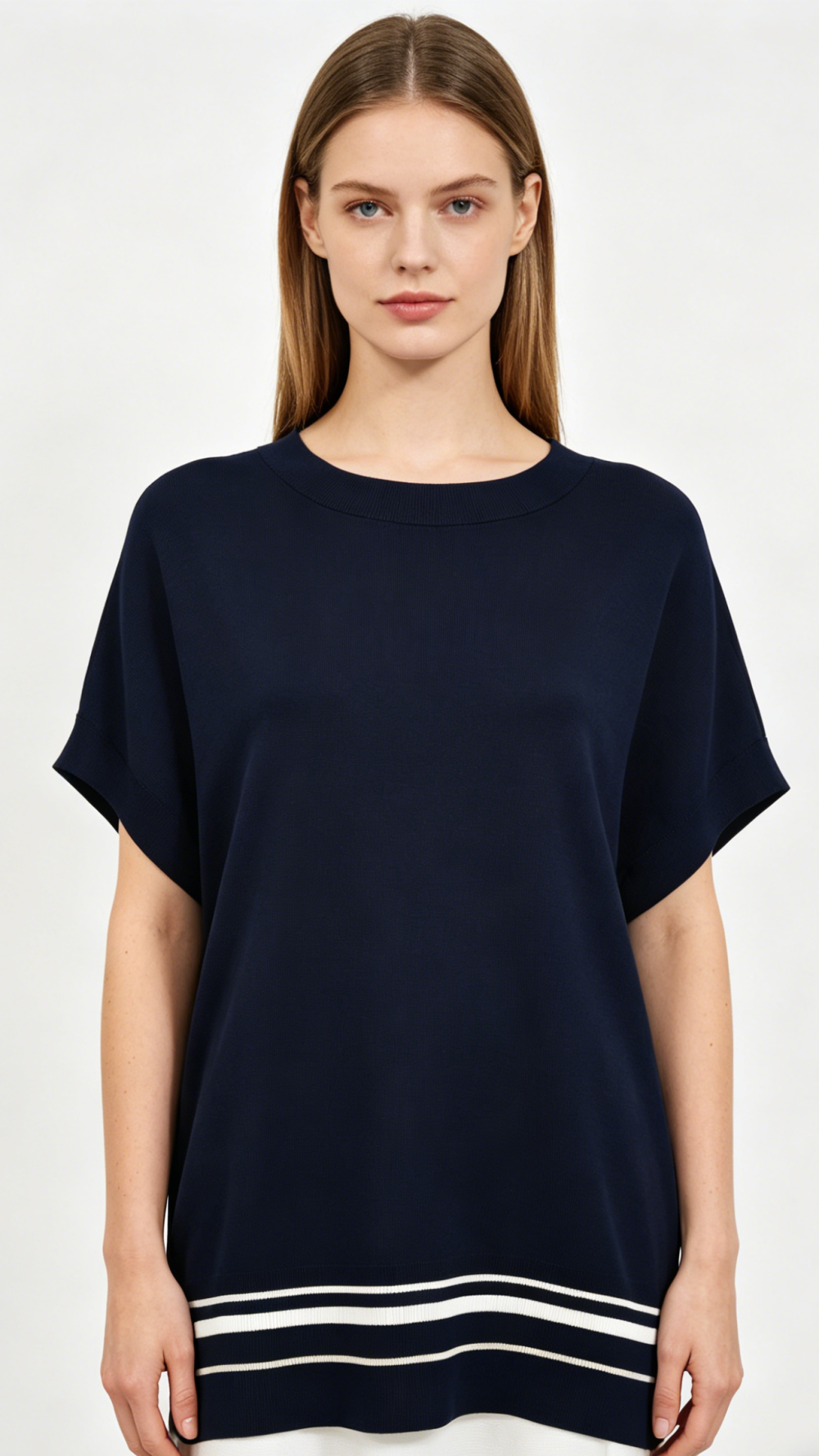 Navy Blue White Stripe Hem Crew Neck Knit Top