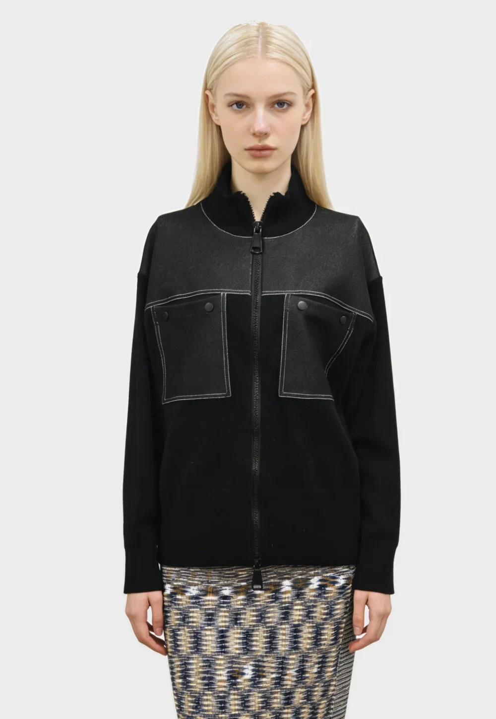 Contrast Detail Wool Blend Zip Jacke