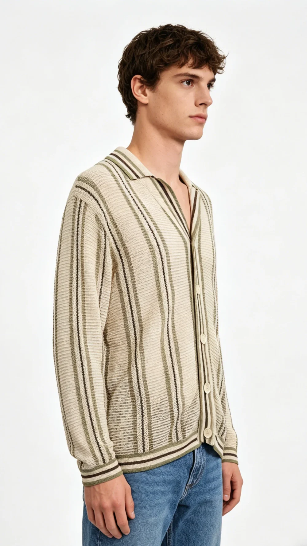 Striped Open-Knit Camp Collar Cardigan (2)