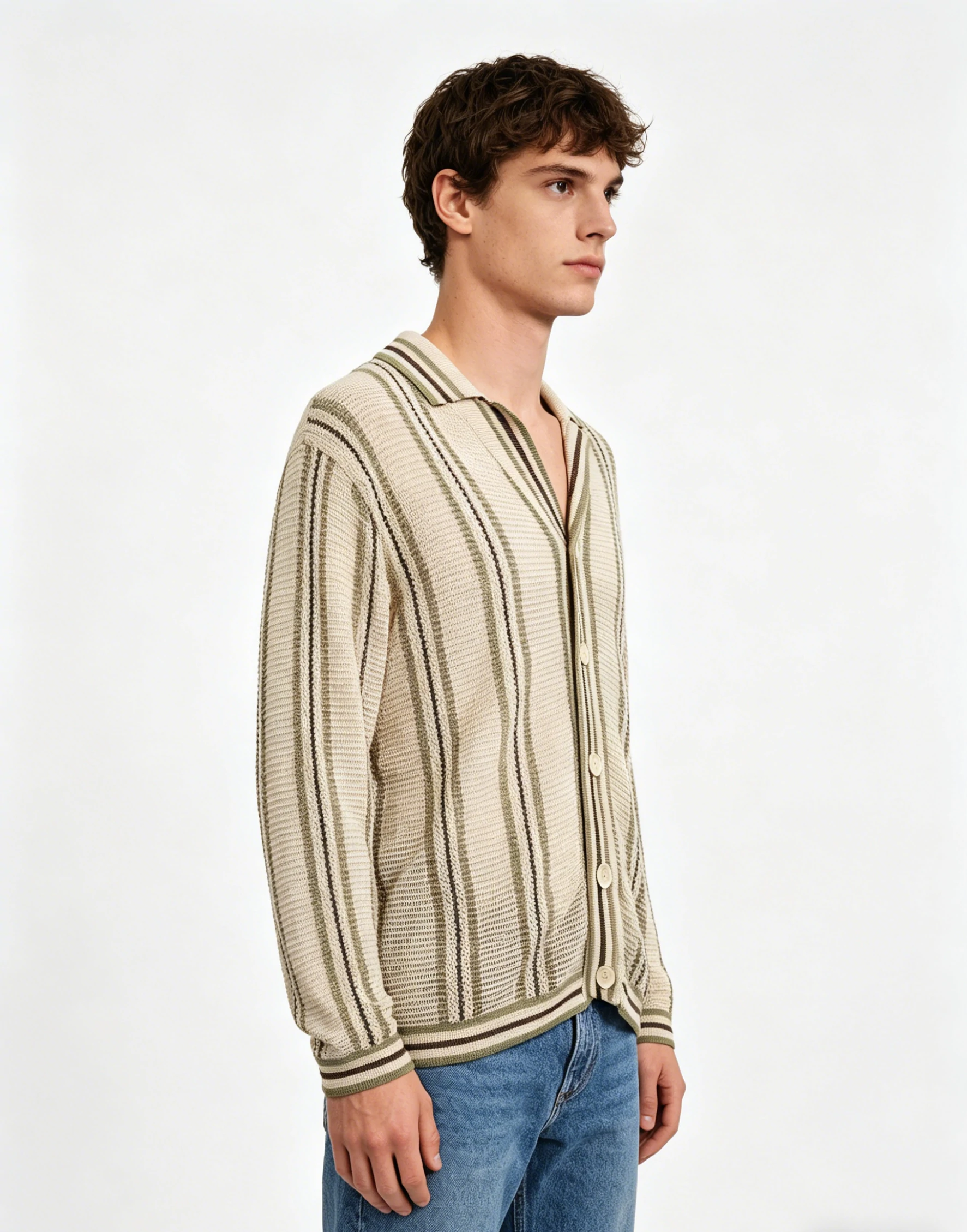 Striped Open-Knit Camp Collar Cardigan 2 Striped Open-Knit Camp Collar Cardigan - Image 2