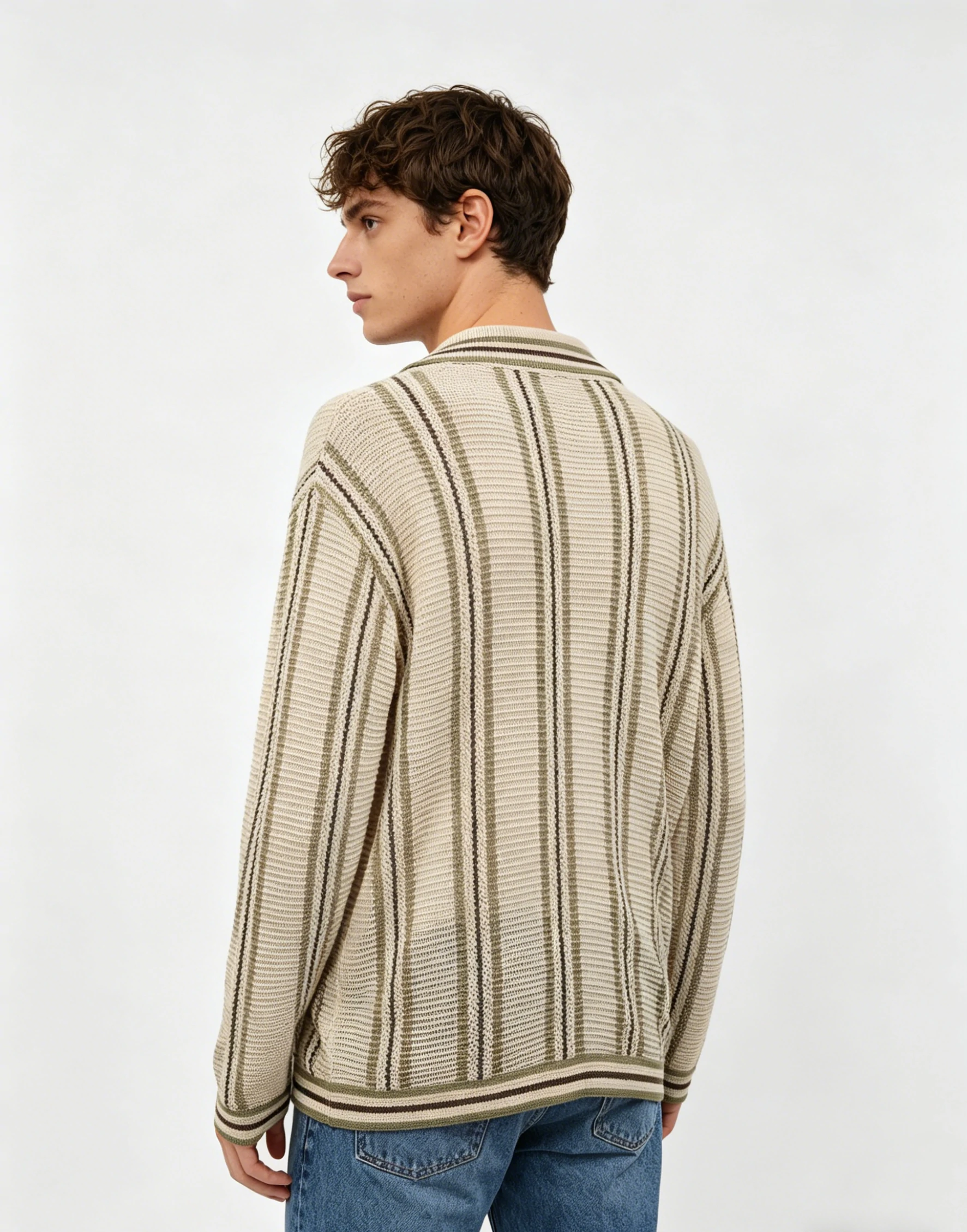Striped Open-Knit Camp Collar Cardigan 3 Striped Open-Knit Camp Collar Cardigan - Image 3