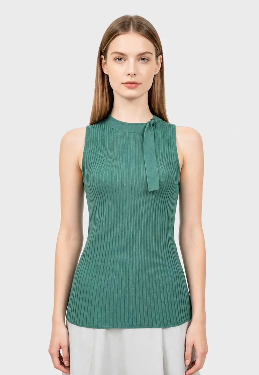 Teal Lurex Ribbed Halter Neck Tie Detail Knit Top