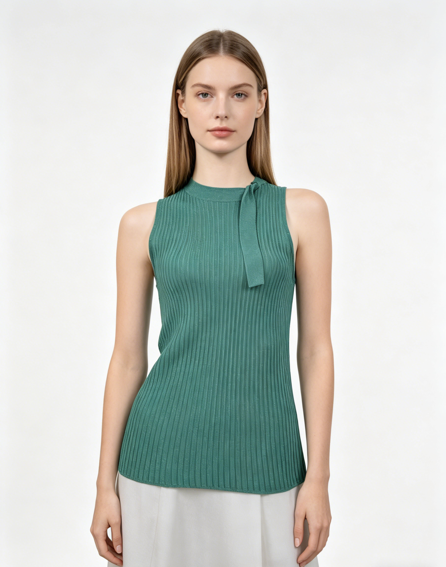 Teal Lurex Ribbed Halter Neck Tie Detail Knit Top