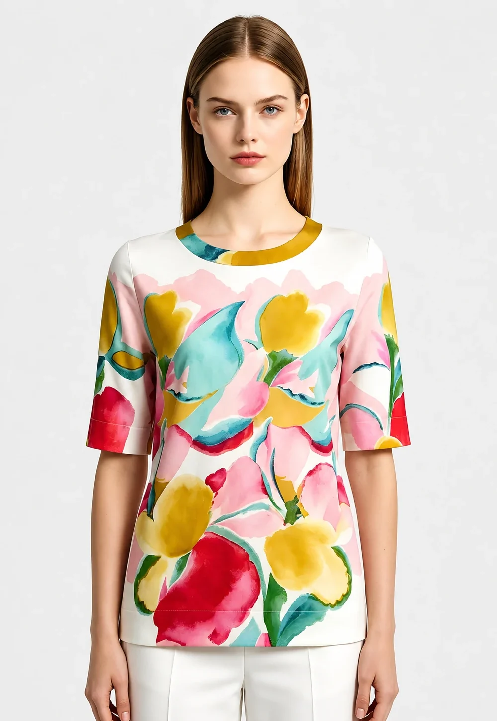 Watercolor Floral Print Round Neck 3/4 Sleeve Top