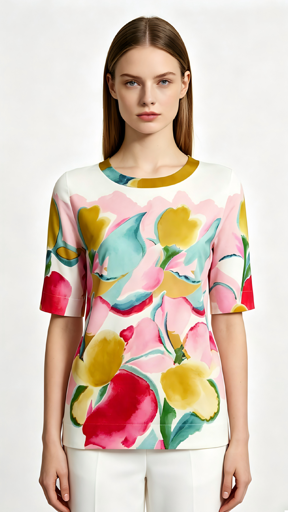 Watercolor Floral Print Round Neck 3/4 Sleeve Top