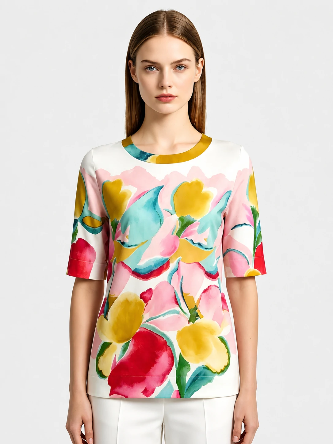 Watercolor Floral Print Round Neck 3/4 Sleeve Top 1 Watercolor Floral Print Round Neck 3/4 Sleeve Top