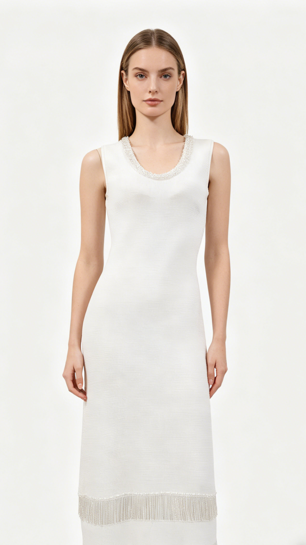Ivory Beaded Fringe Sleeveless Knit Maxi Dress