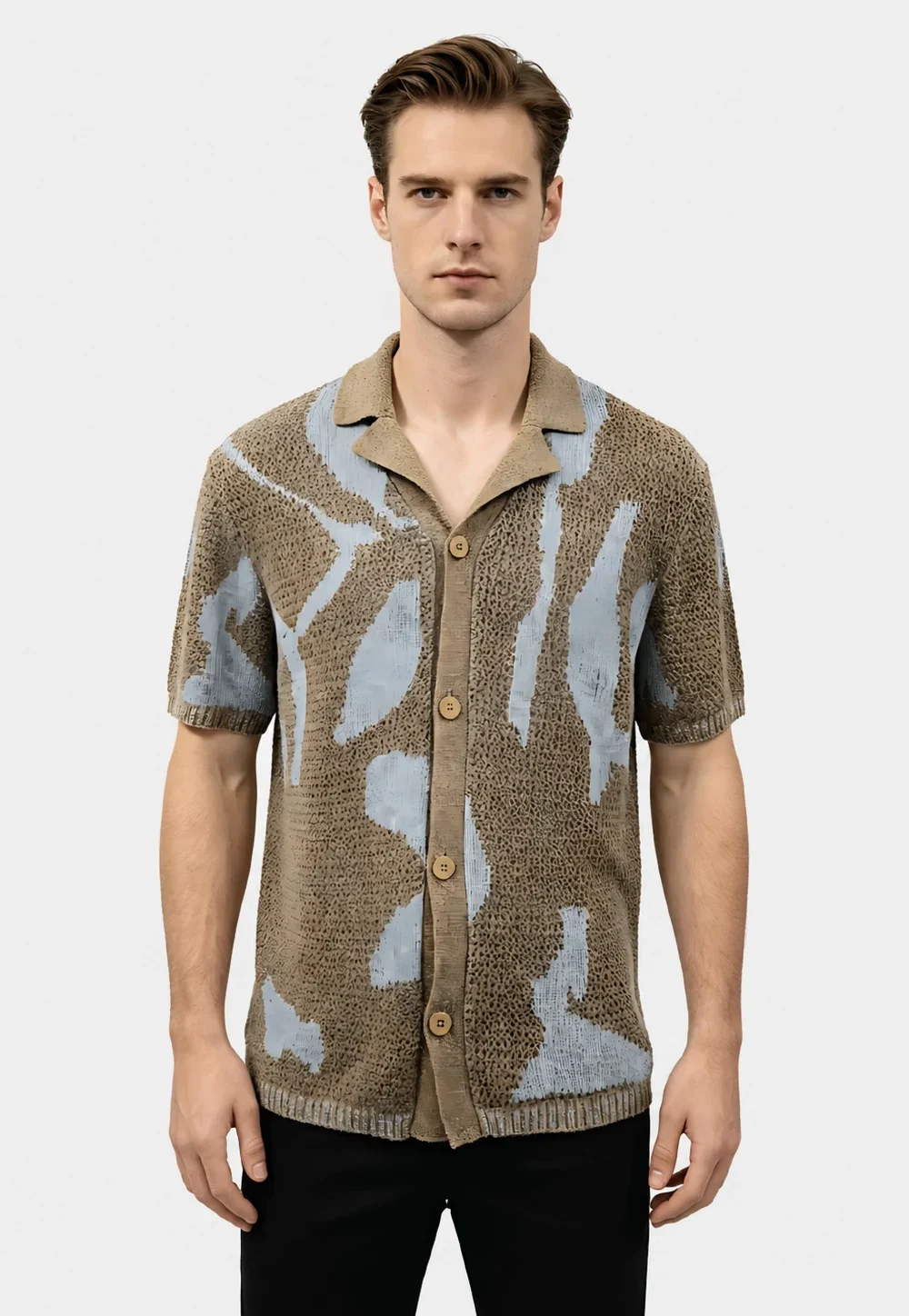Brown-Blue Abstract Knit Camp Collar Shirt