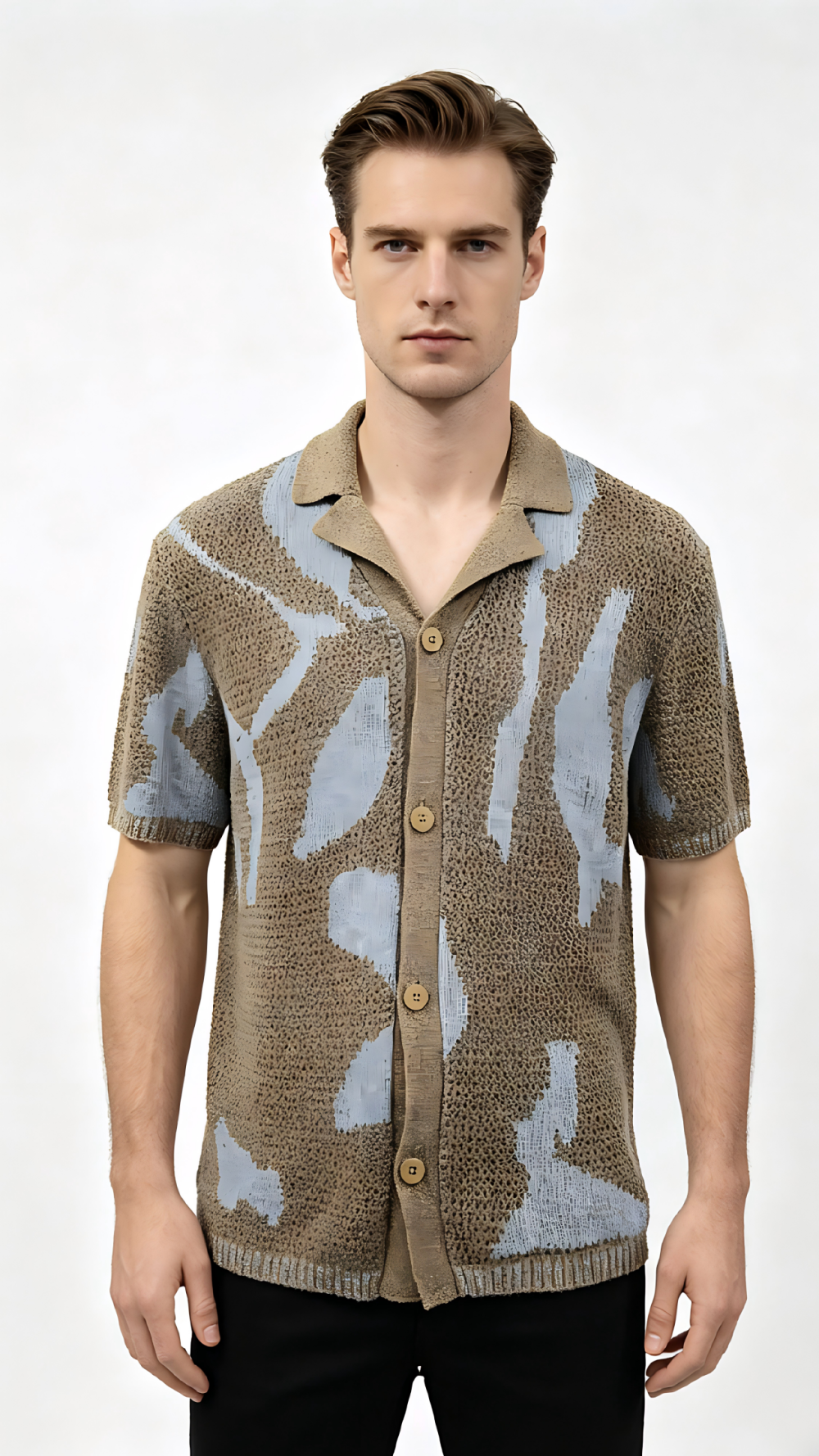 Brown-Blue Abstract Knit Camp Collar Shirt