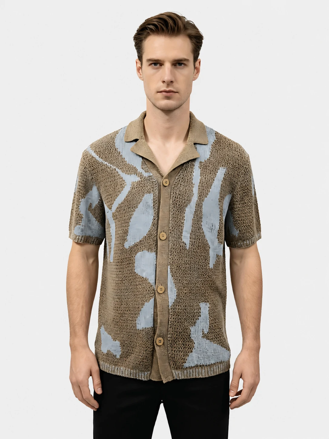 Brown-Blue Abstract Knit Camp Collar Shirt 1 Brown-Blue Abstract Knit Camp Collar Shirt