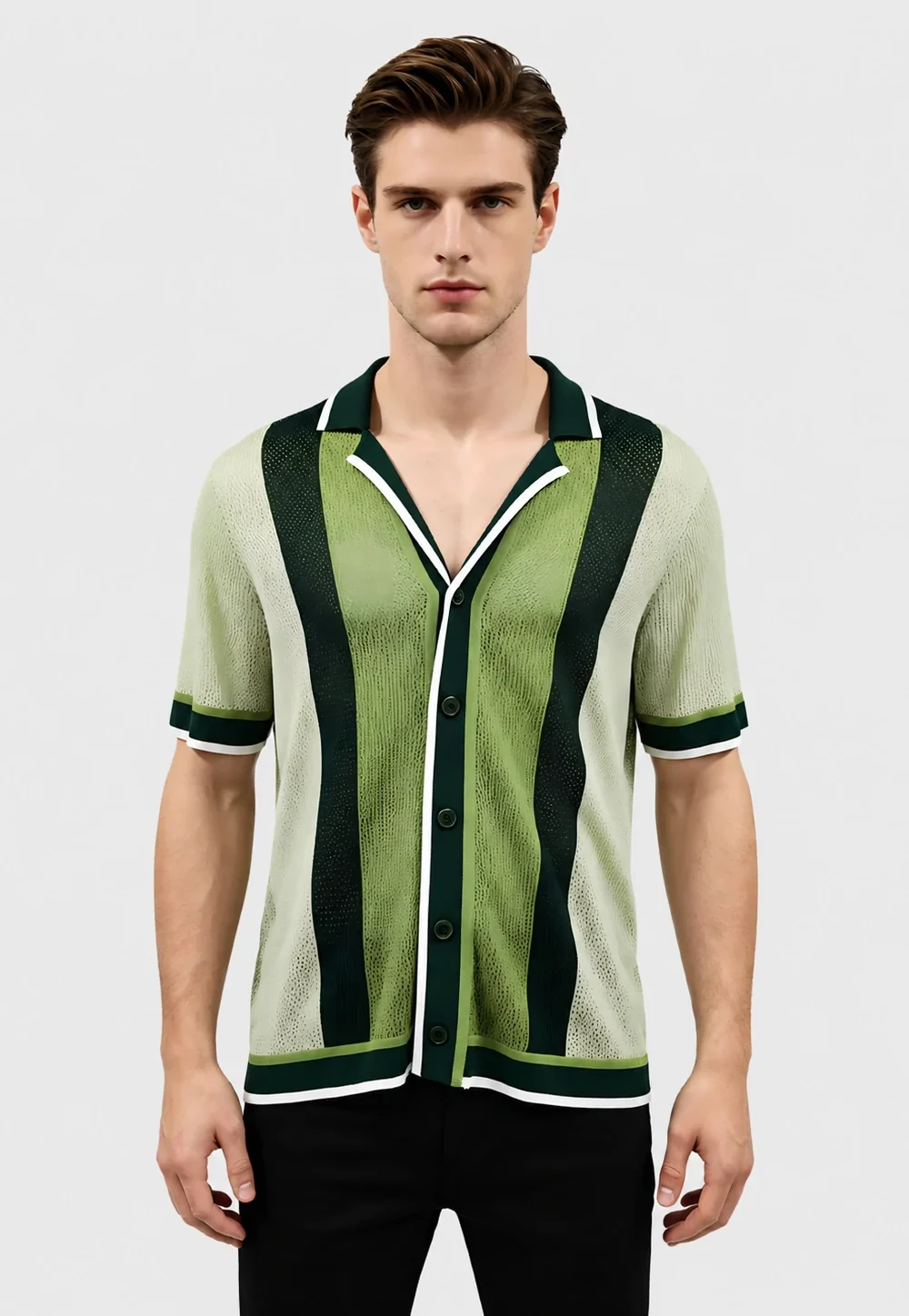 Green Stripe Open-Knit Cuban Collar Shirt