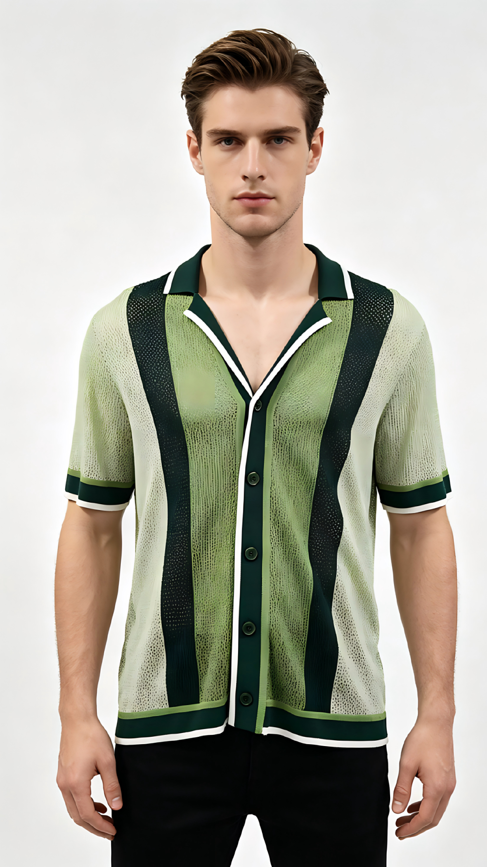Green Stripe Open-Knit Cuban Collar Shirt