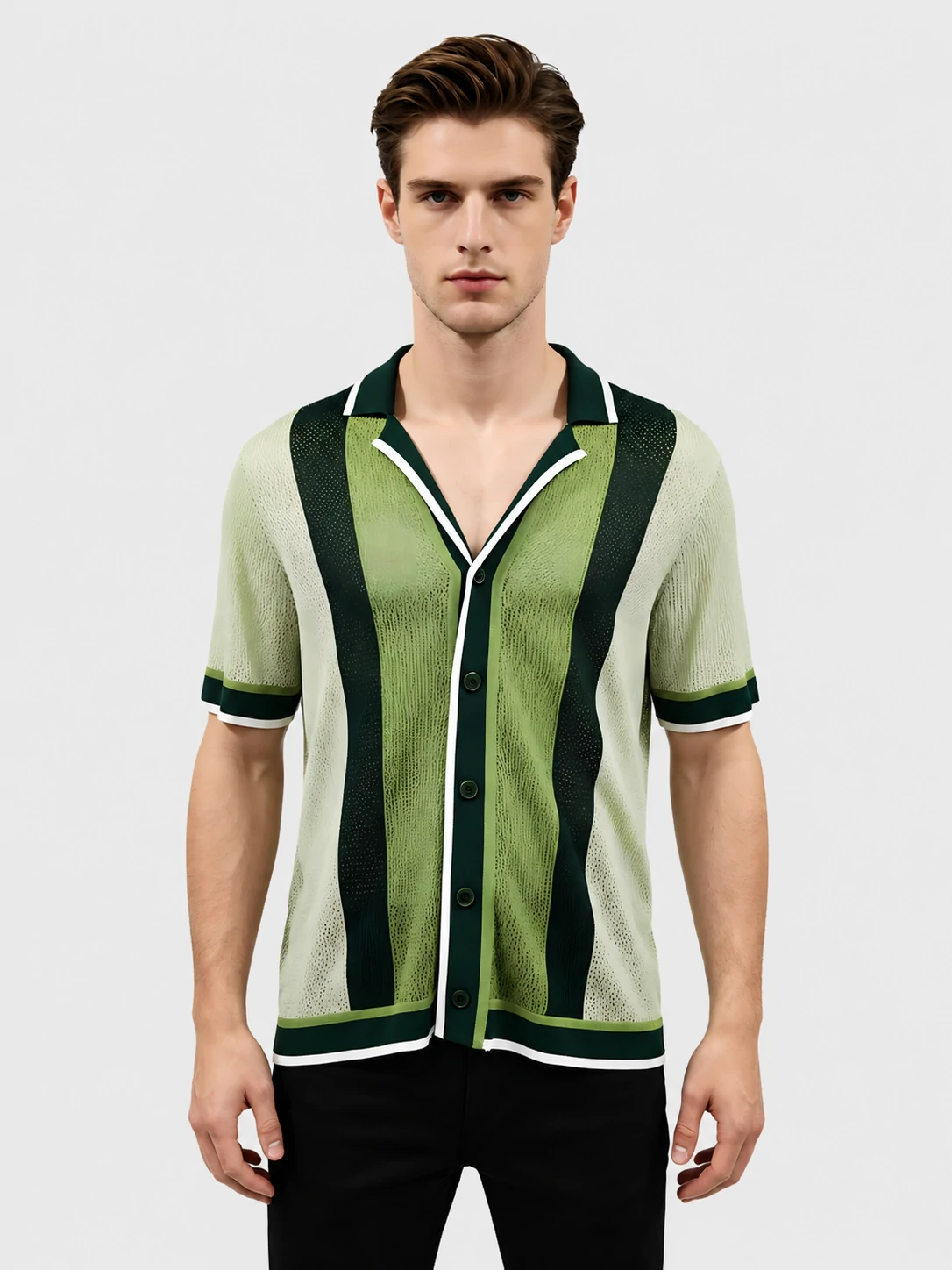 Green Stripe Open-Knit Cuban Collar Shirt 1 Green Stripe Open-Knit Cuban Collar Shirt
