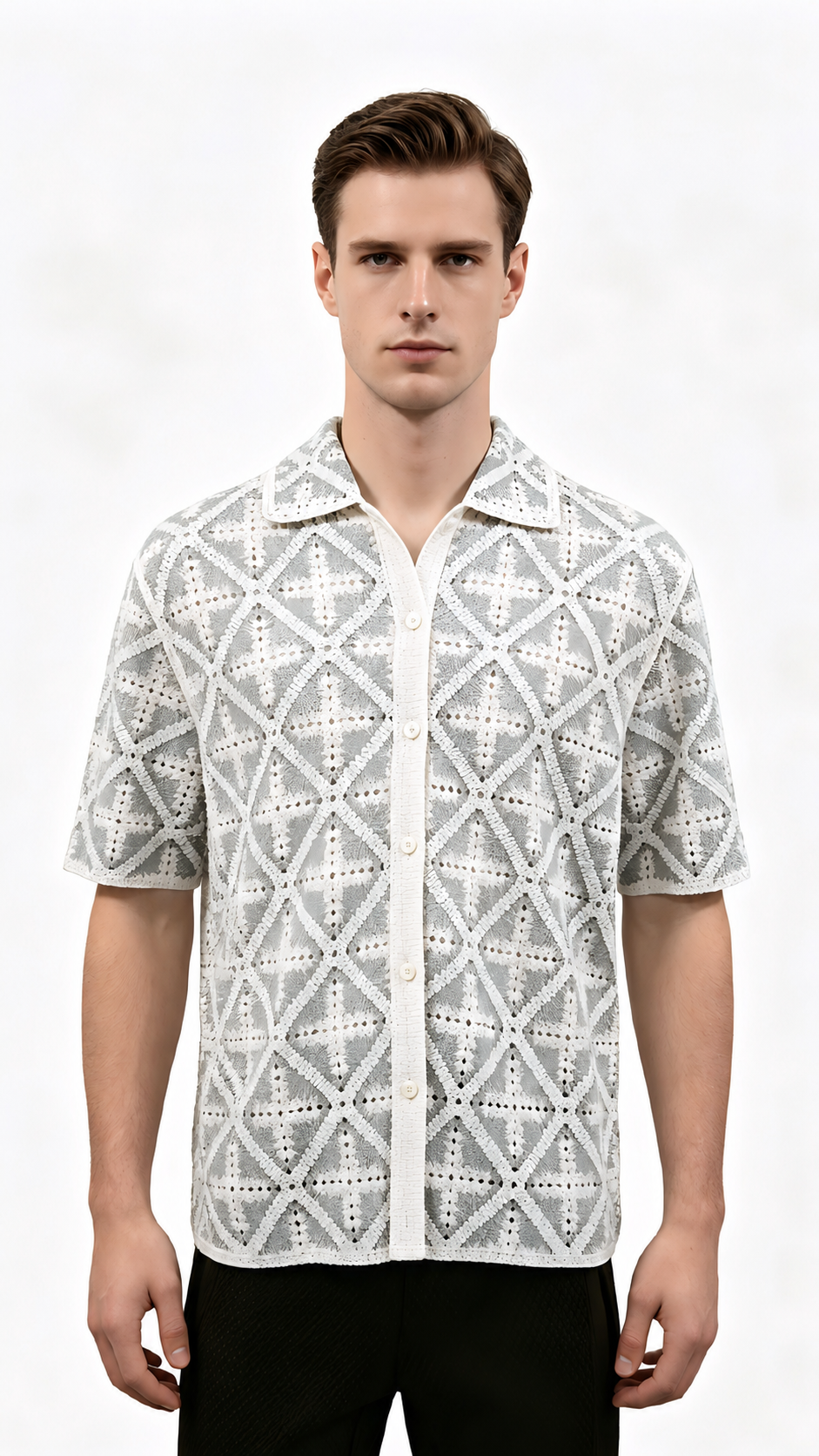 Grey-White Diamond Crochet Camp Shirt