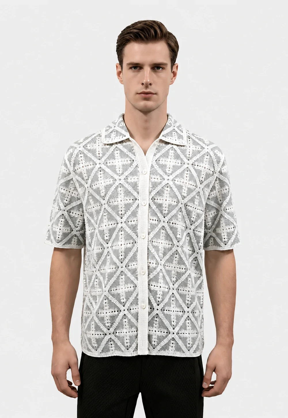 Grey-White Diamond Crochet Camp Shirt