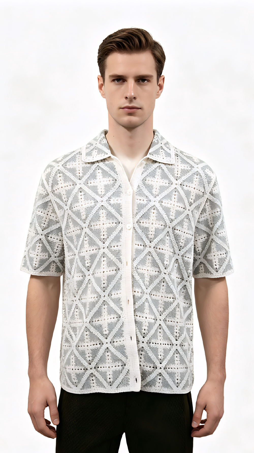 Grey-White Diamond Crochet Camp Shirt
