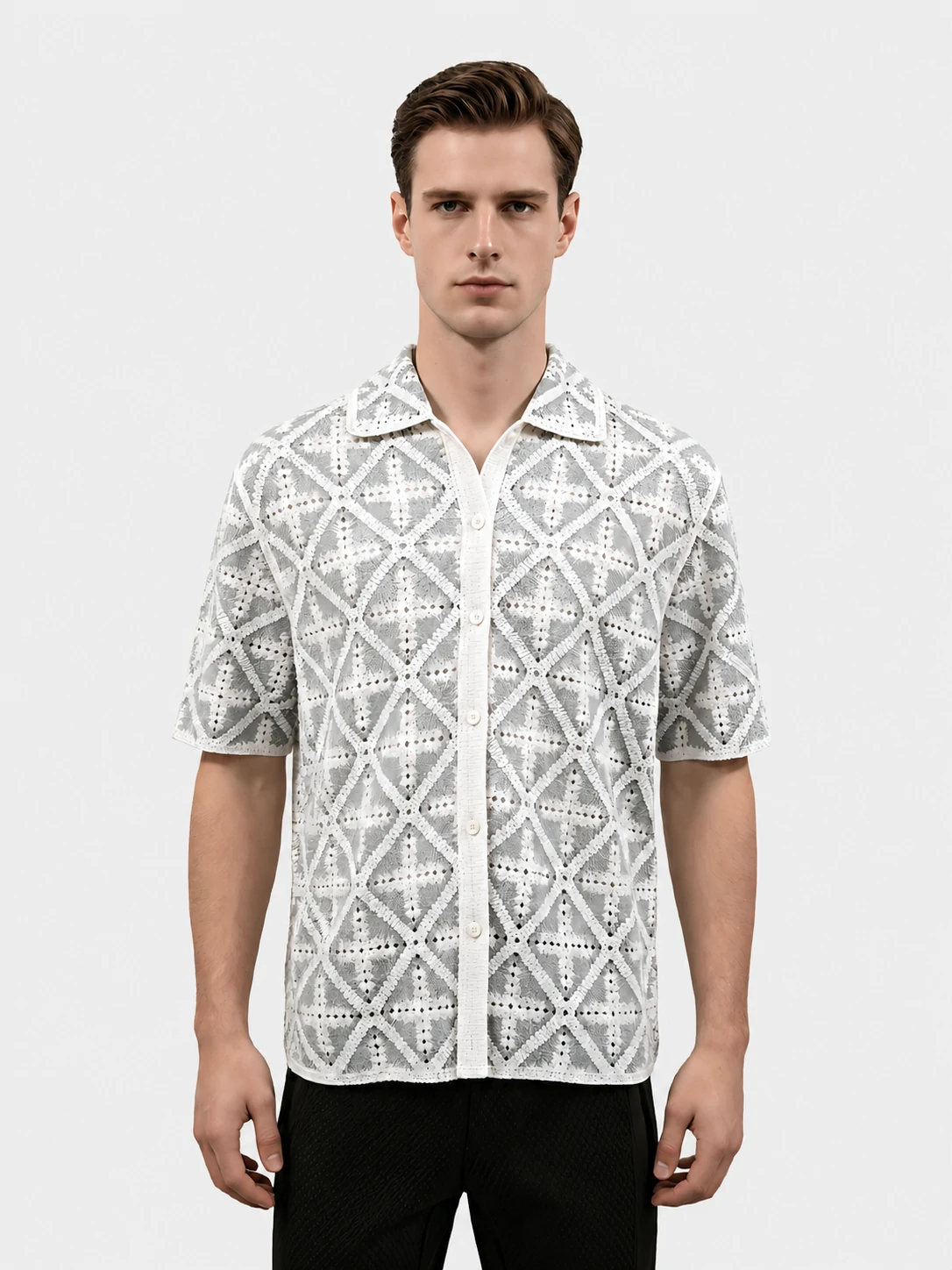 Grey-White Diamond Crochet Camp Shirt 1 Grey-White Diamond Crochet Camp Shirt