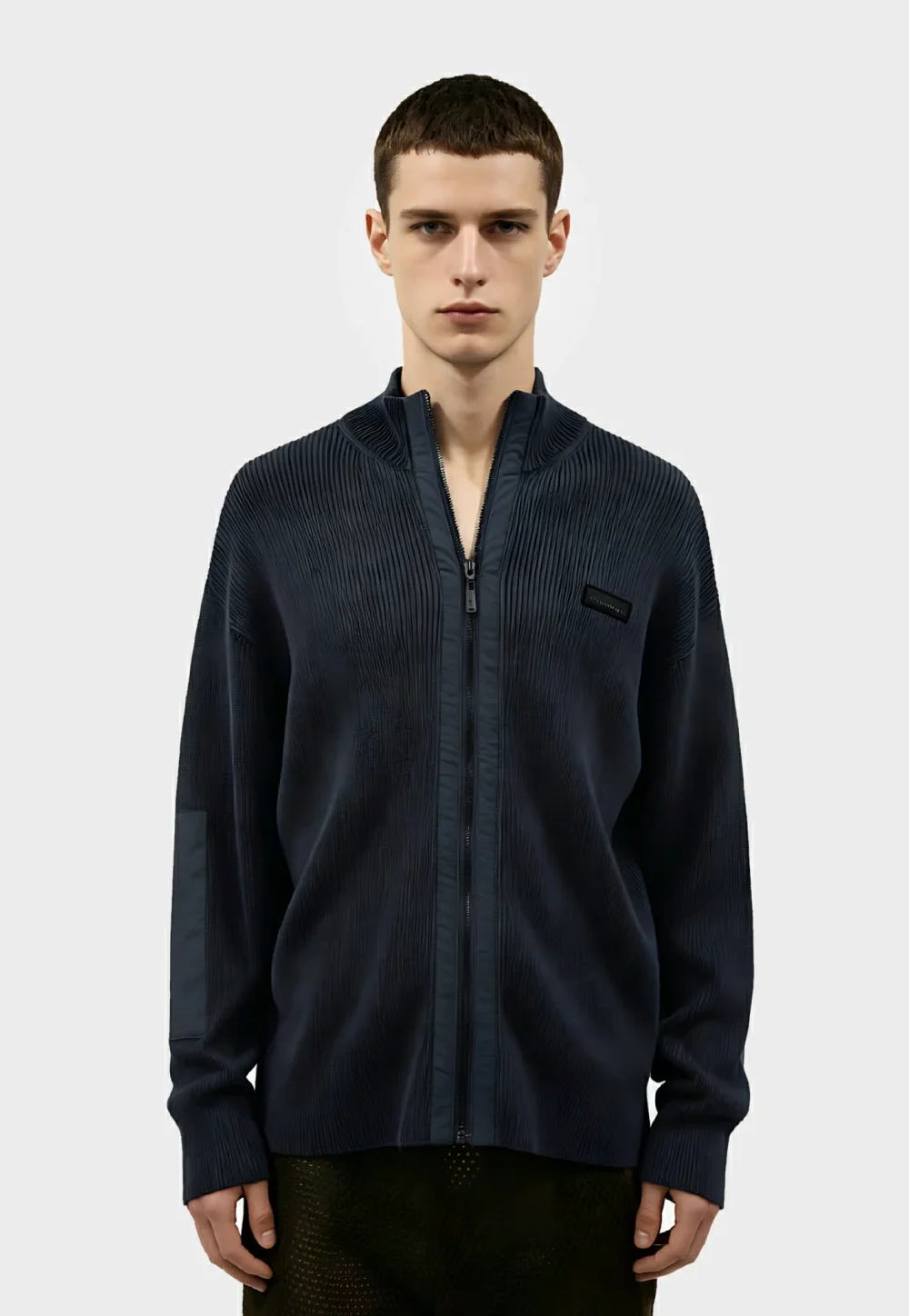 Navy Pleated Stand Collar Zip Jacket